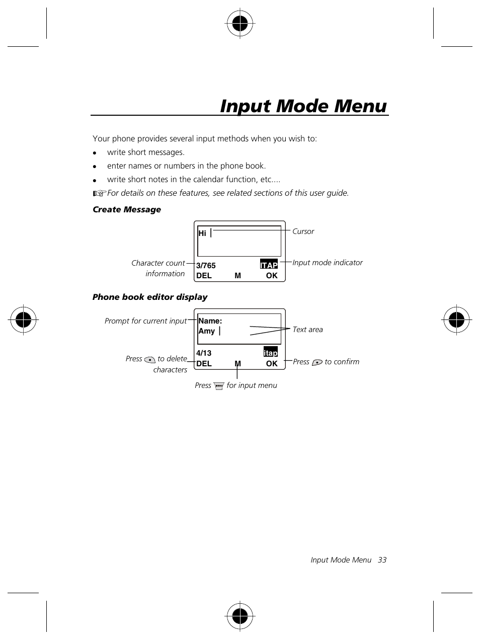 Input mode menu | Motorola Talkabout 191 User Manual | Page 39 / 100