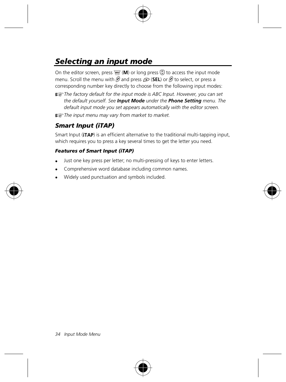 Selecting an input mode, Smart input (itap) | Motorola Talkabout 191 User Manual | Page 40 / 100