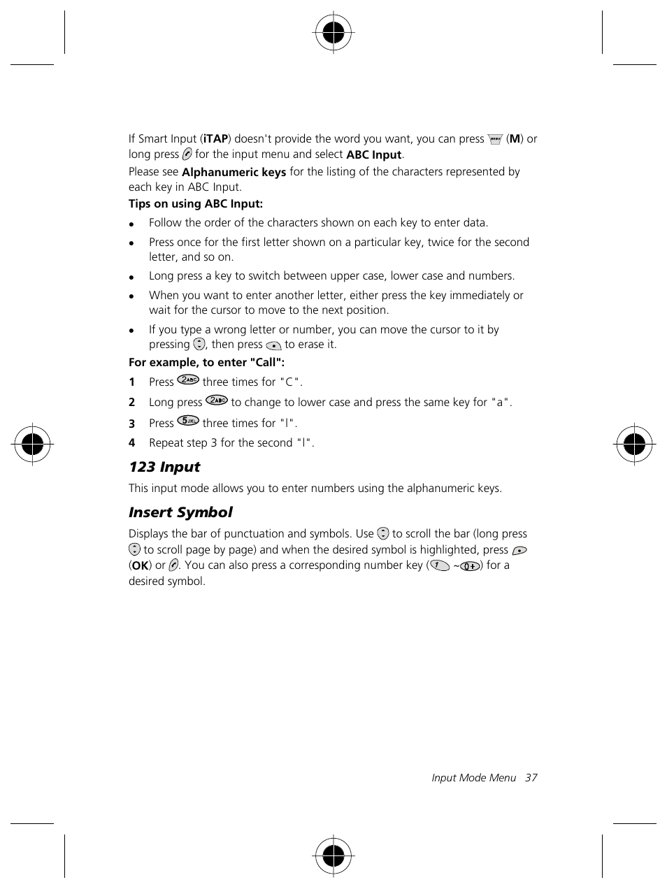 123 input, Insert symbol | Motorola Talkabout 191 User Manual | Page 43 / 100