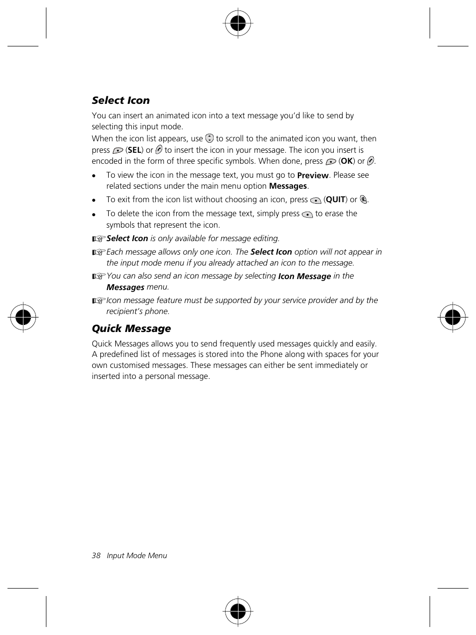 Select icon, Quick message | Motorola Talkabout 191 User Manual | Page 44 / 100