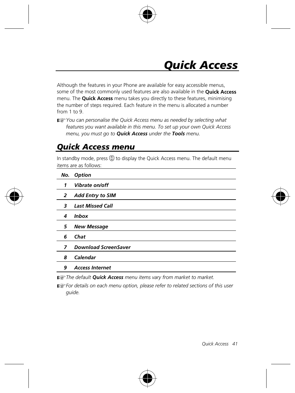 Quick access, Quick access menu | Motorola Talkabout 191 User Manual | Page 47 / 100