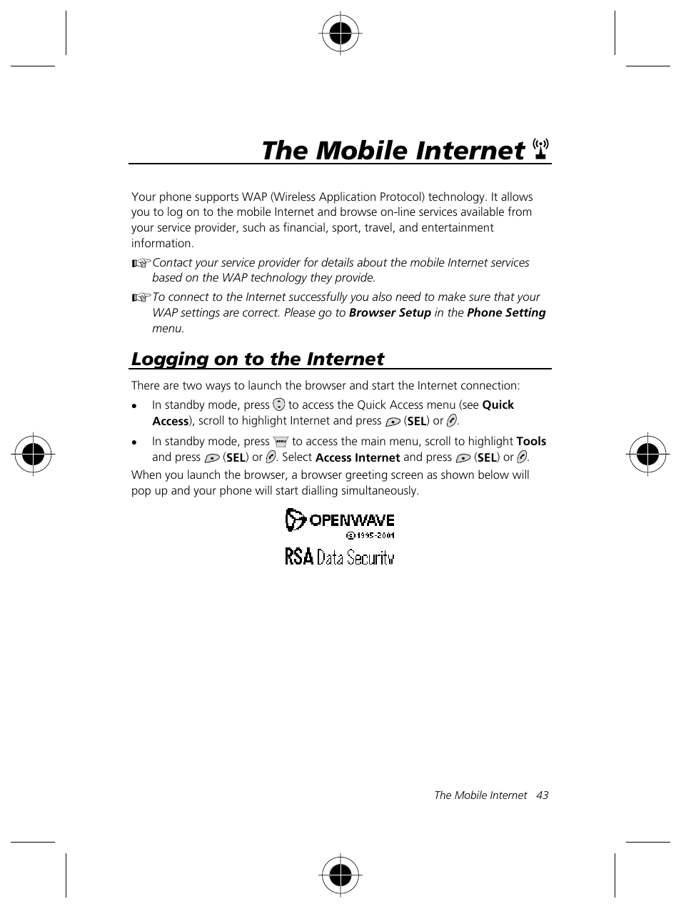 The mobile internet, Logging on to the internet | Motorola Talkabout 191 User Manual | Page 49 / 100