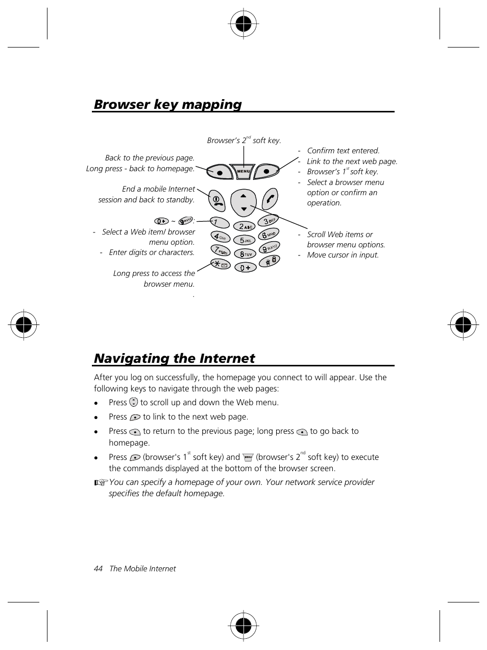 Browser key mapping, Navigating the internet | Motorola Talkabout 191 User Manual | Page 50 / 100