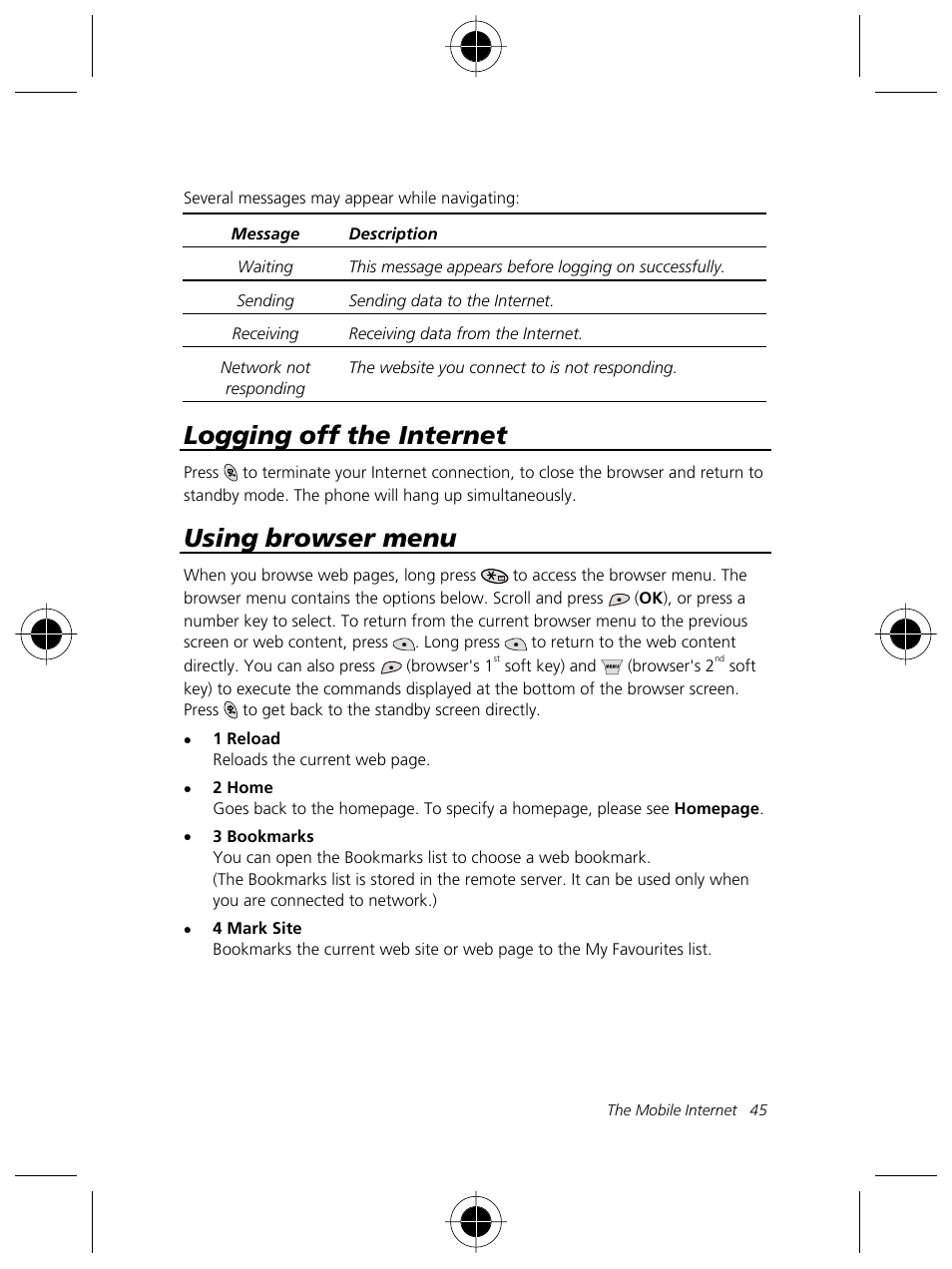 Logging off the internet, Using browser menu | Motorola Talkabout 191 User Manual | Page 51 / 100