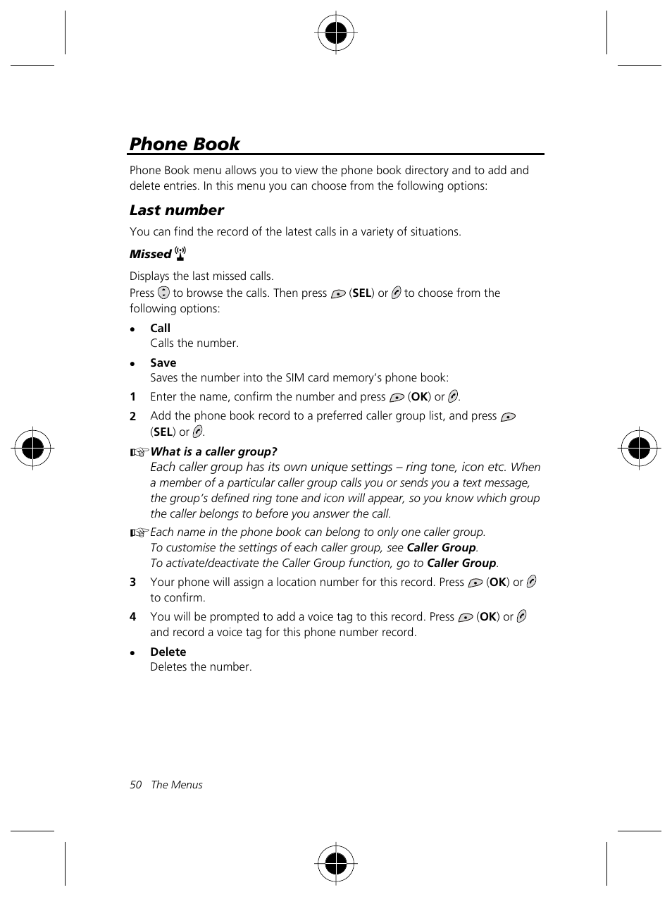 Phone book, Last number | Motorola Talkabout 191 User Manual | Page 56 / 100