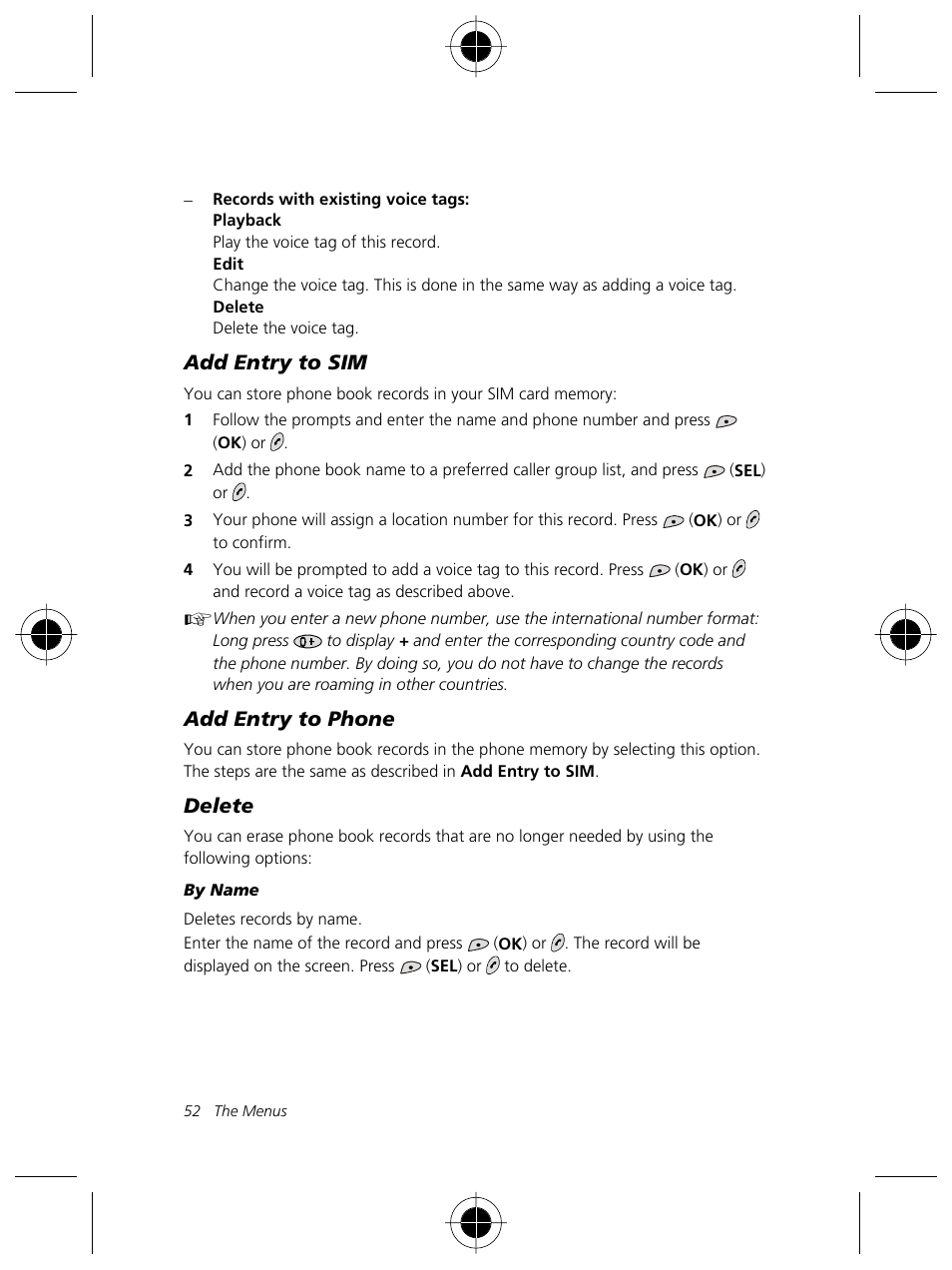 Add entry to sim, Add entry to phone, Delete | Motorola Talkabout 191 User Manual | Page 58 / 100