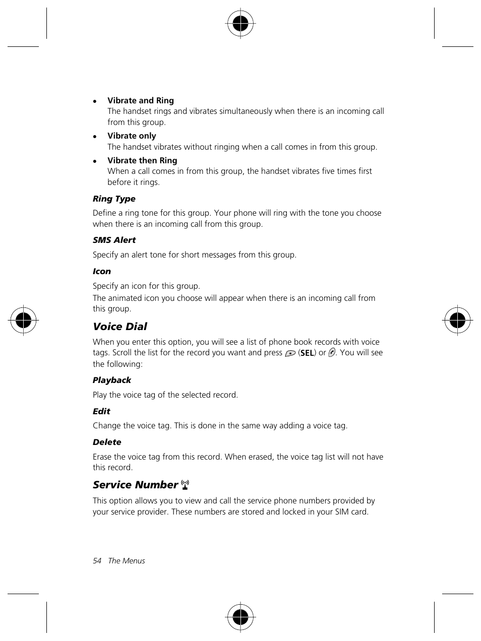 Voice dial, Service number | Motorola Talkabout 191 User Manual | Page 60 / 100