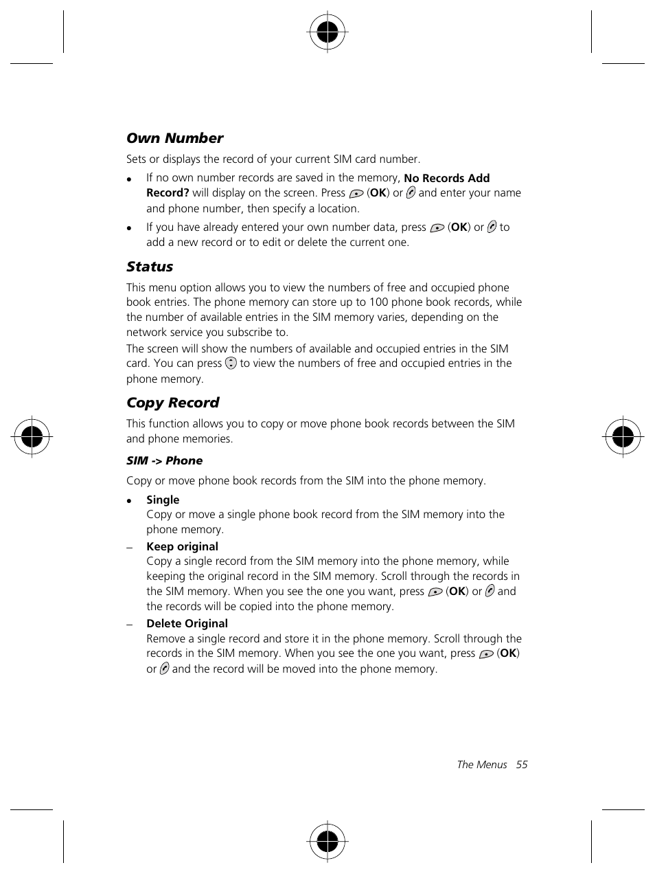 Own number, Status, Copy record | Motorola Talkabout 191 User Manual | Page 61 / 100
