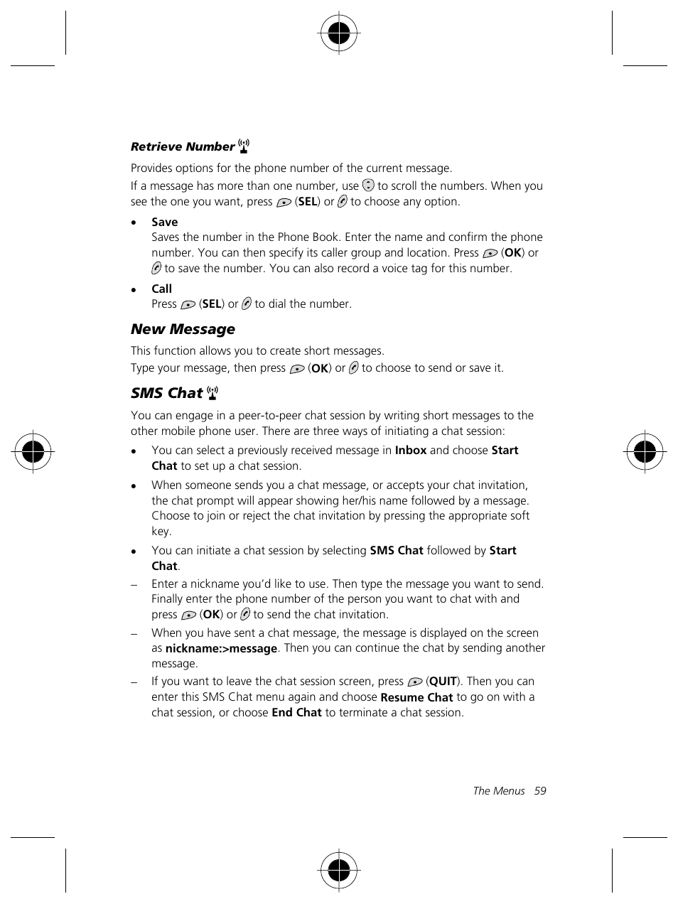 New message, Sms chat | Motorola Talkabout 191 User Manual | Page 65 / 100