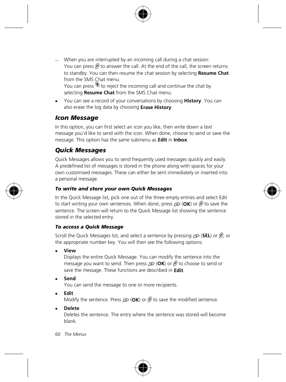 Icon message, Quick messages | Motorola Talkabout 191 User Manual | Page 66 / 100