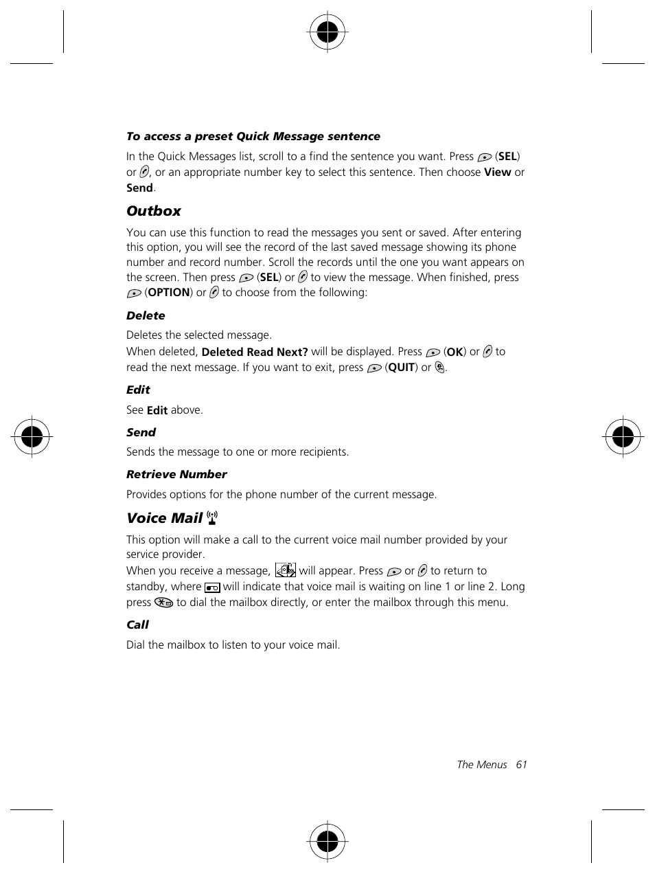 Outbox, Voice mail | Motorola Talkabout 191 User Manual | Page 67 / 100