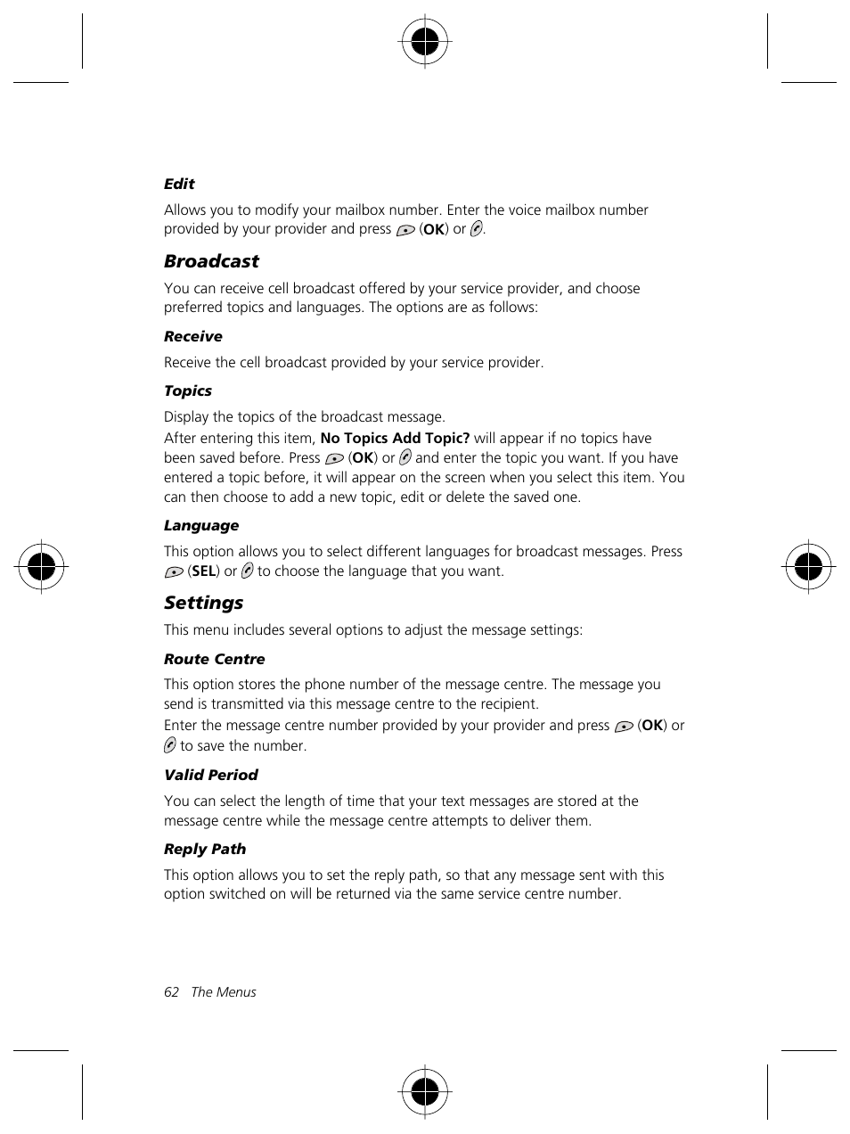Broadcast, Settings | Motorola Talkabout 191 User Manual | Page 68 / 100