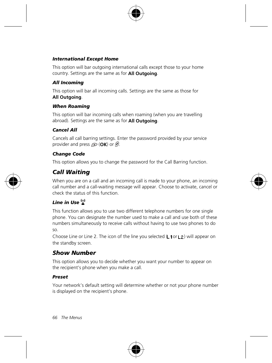 Call waiting, Show number | Motorola Talkabout 191 User Manual | Page 72 / 100