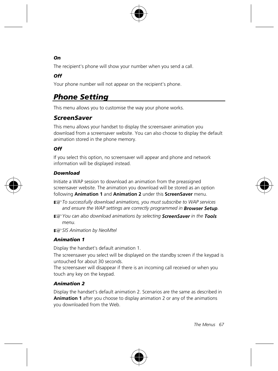 Phone setting, Screensaver | Motorola Talkabout 191 User Manual | Page 73 / 100