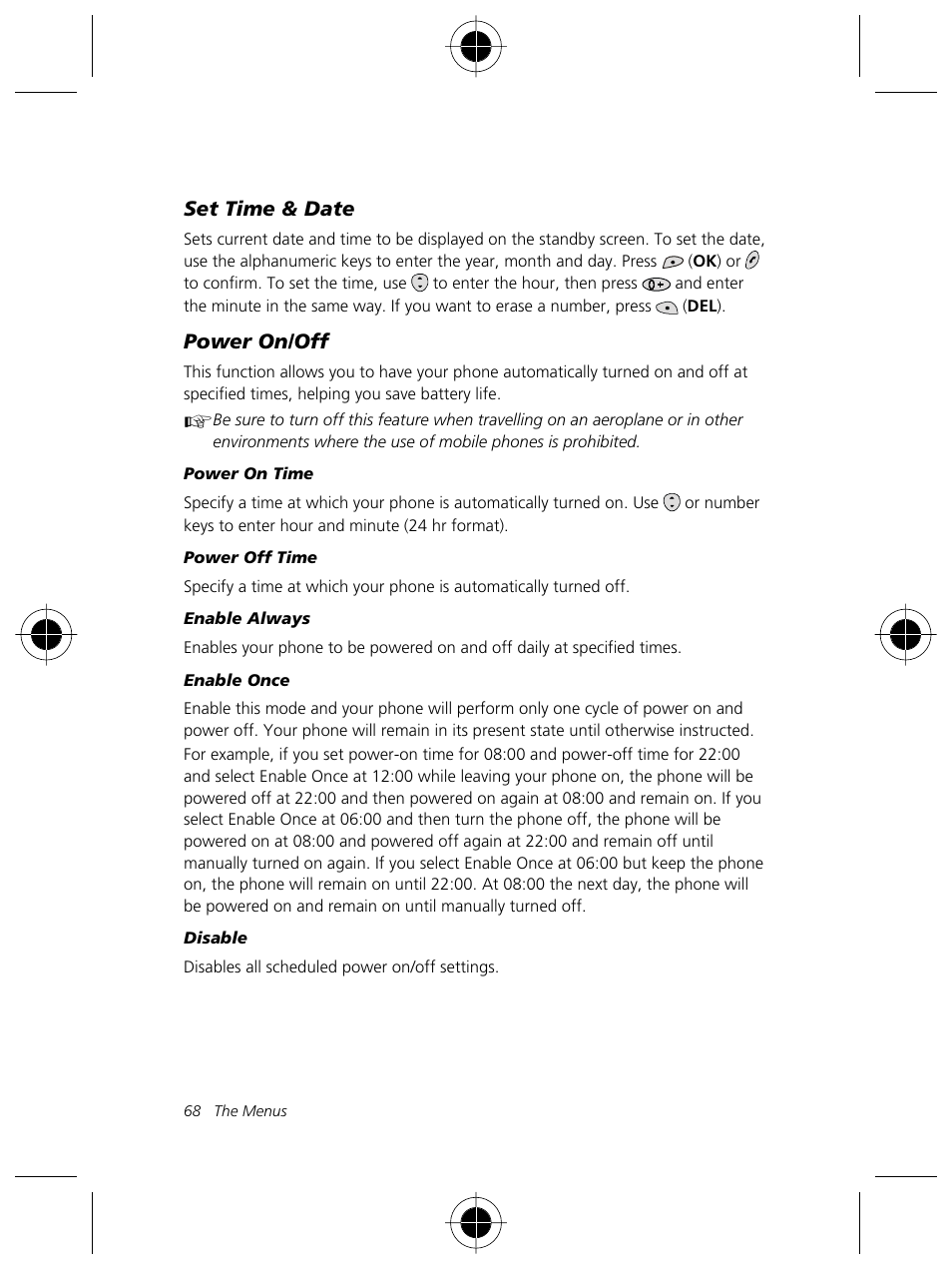 Set time & date, Power on/off | Motorola Talkabout 191 User Manual | Page 74 / 100