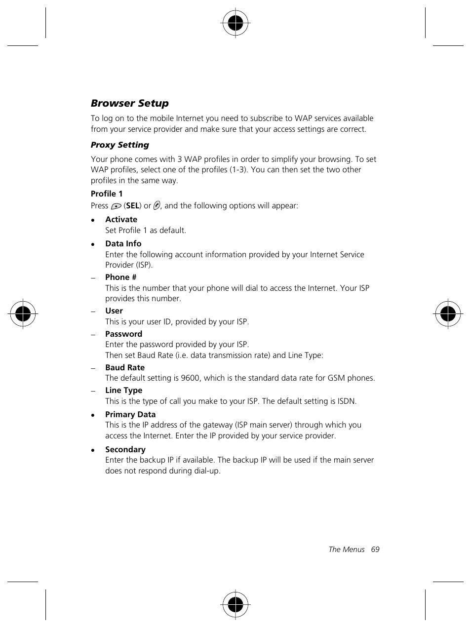 Browser setup | Motorola Talkabout 191 User Manual | Page 75 / 100