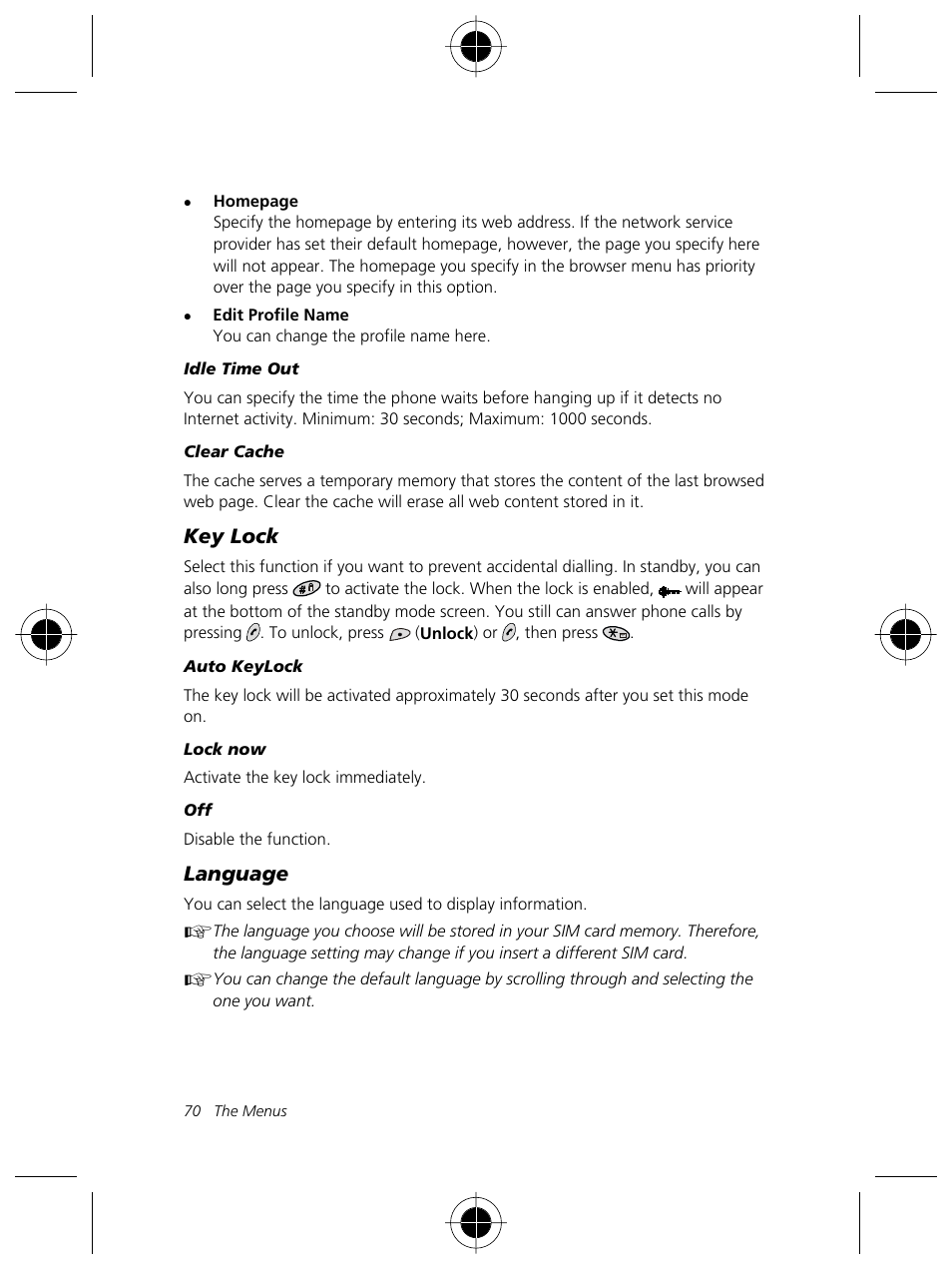 Key lock, Language | Motorola Talkabout 191 User Manual | Page 76 / 100