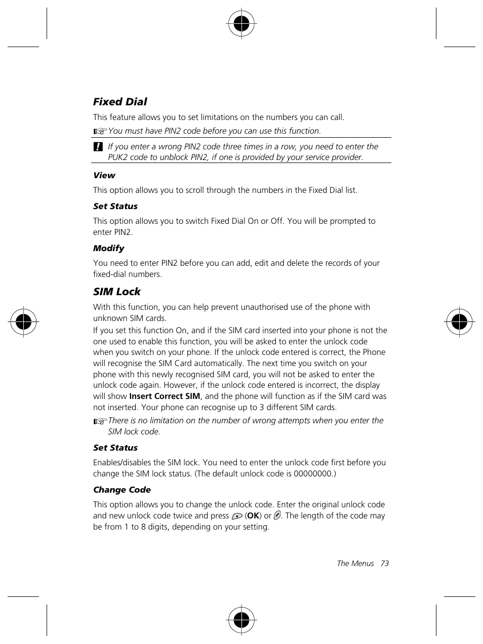 Fixed dial, Sim lock | Motorola Talkabout 191 User Manual | Page 79 / 100