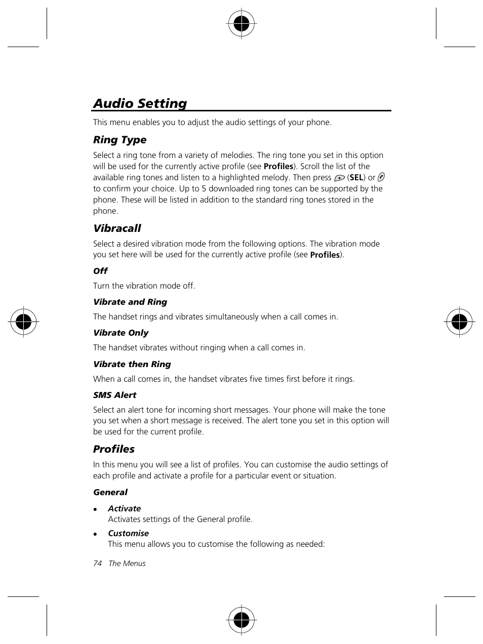 Audio setting | Motorola Talkabout 191 User Manual | Page 80 / 100