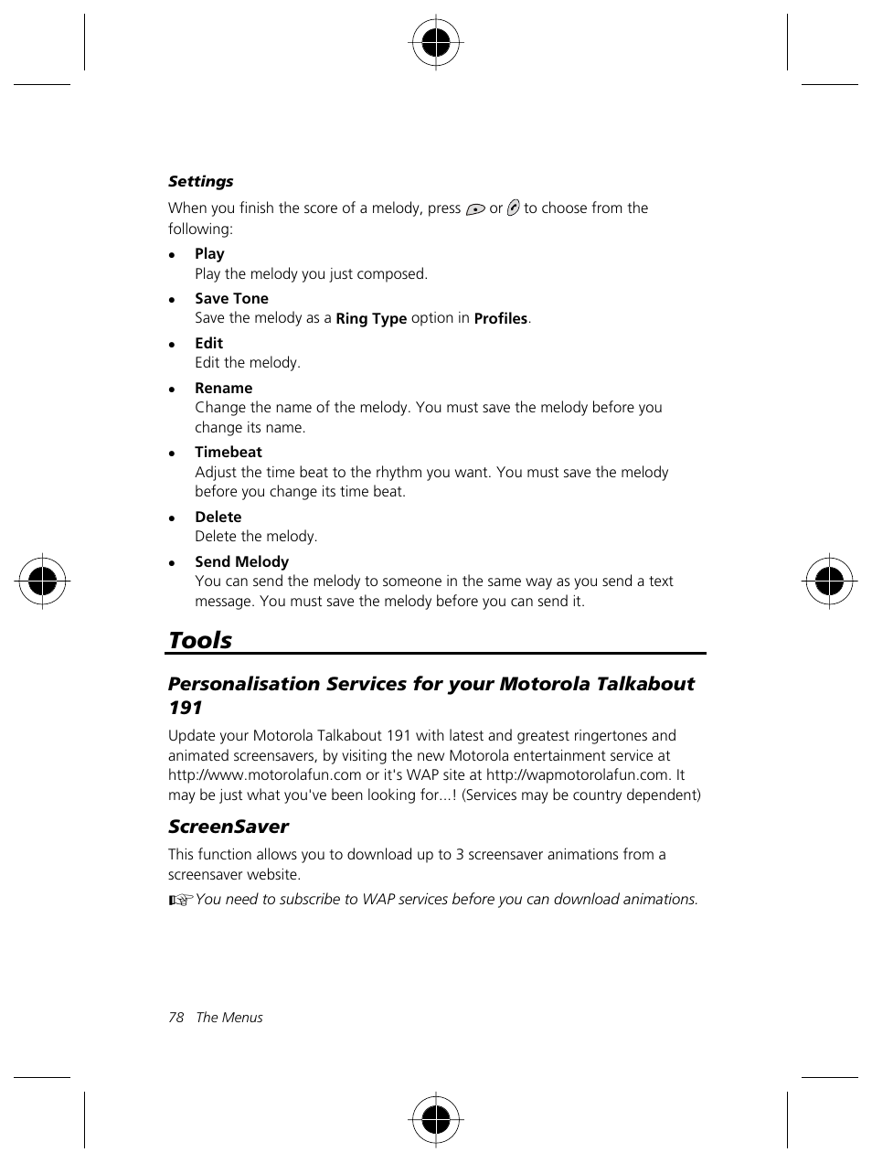 Tools, Screensaver | Motorola Talkabout 191 User Manual | Page 84 / 100