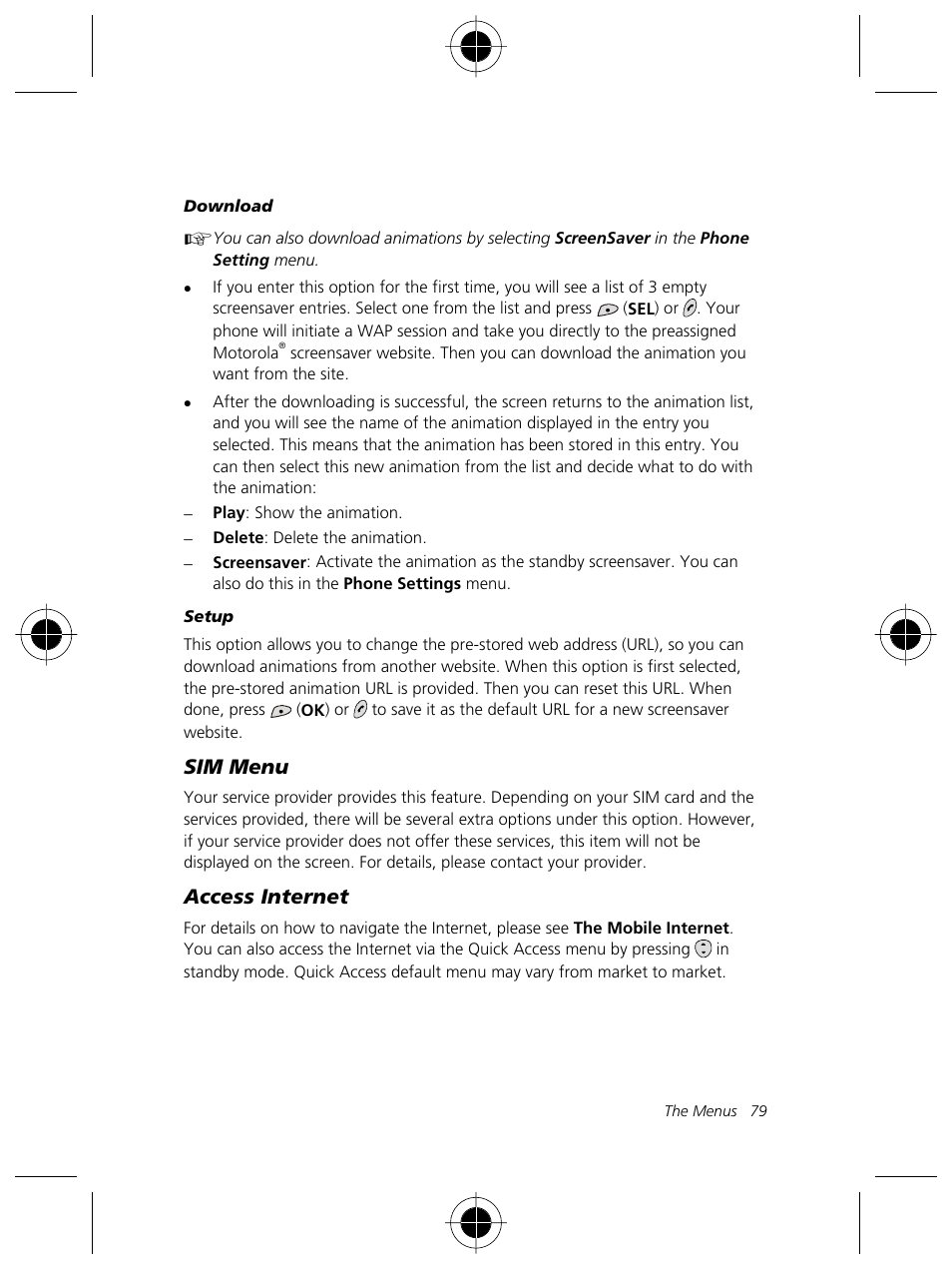 Sim menu, Access internet | Motorola Talkabout 191 User Manual | Page 85 / 100