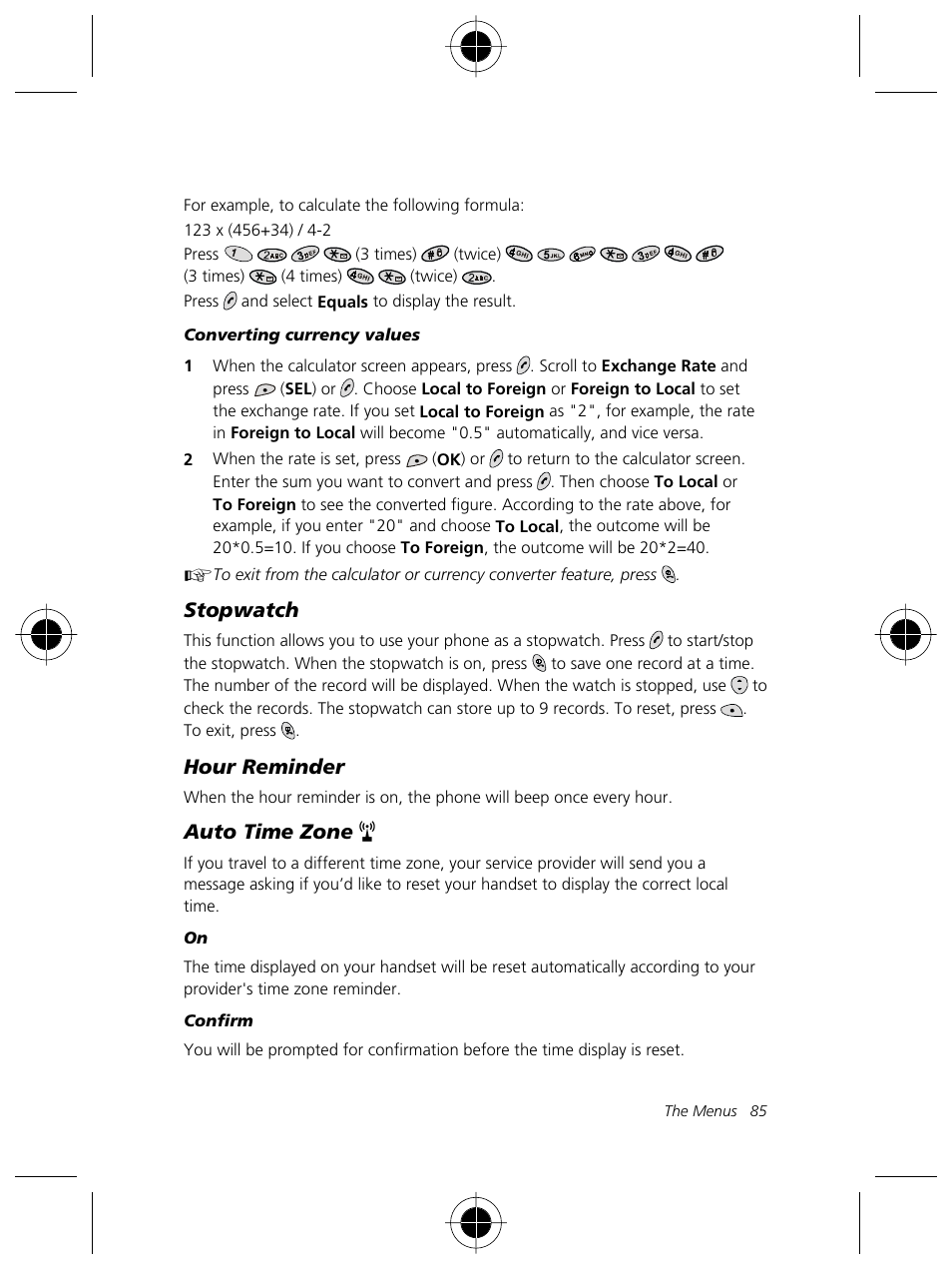 Stopwatch, Hour reminder, Auto time zone | Motorola Talkabout 191 User Manual | Page 91 / 100