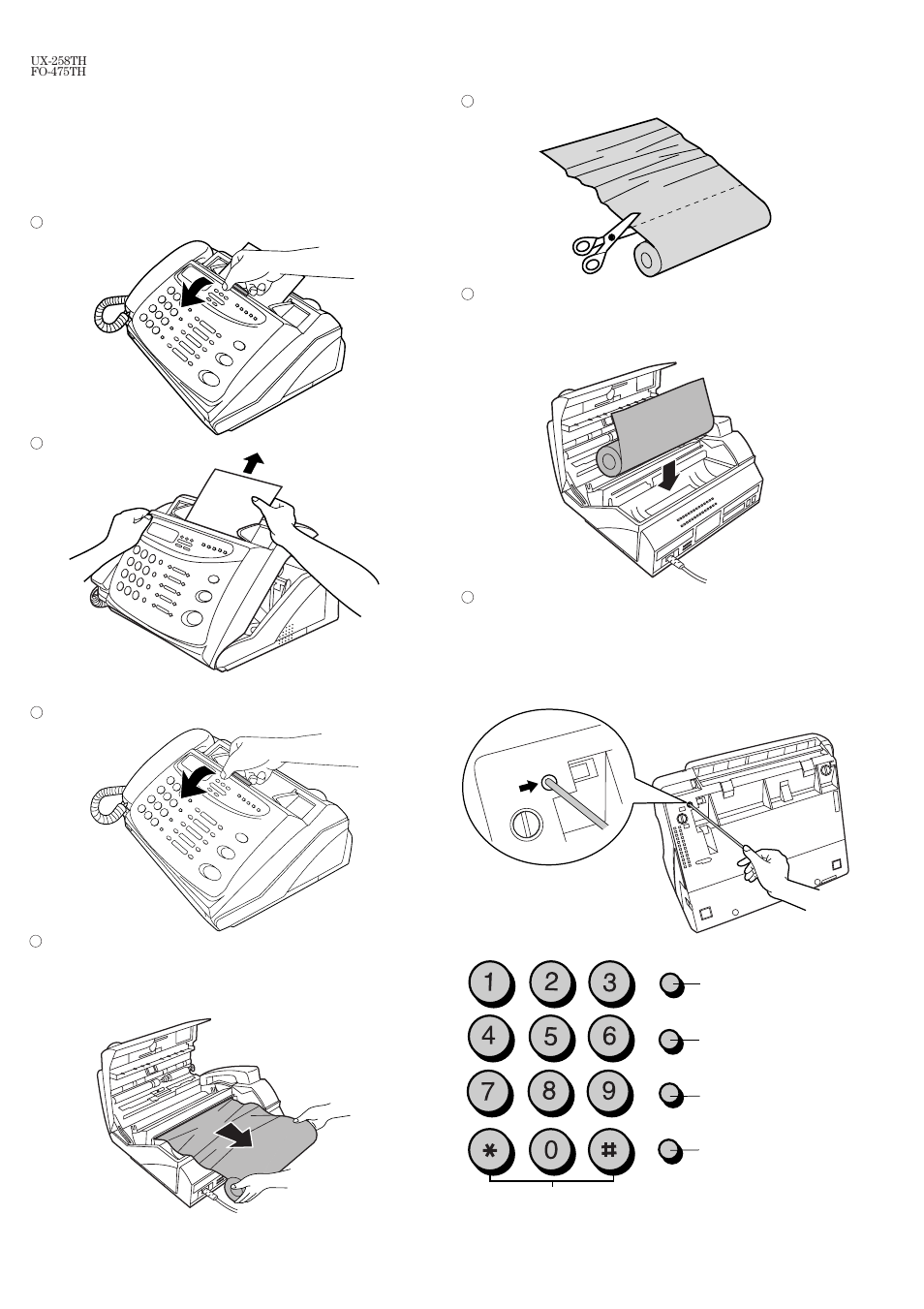 Clearing a jammed document, Clearing jammed fax paper | Sharp FO-475TH User Manual | Page 8 / 75