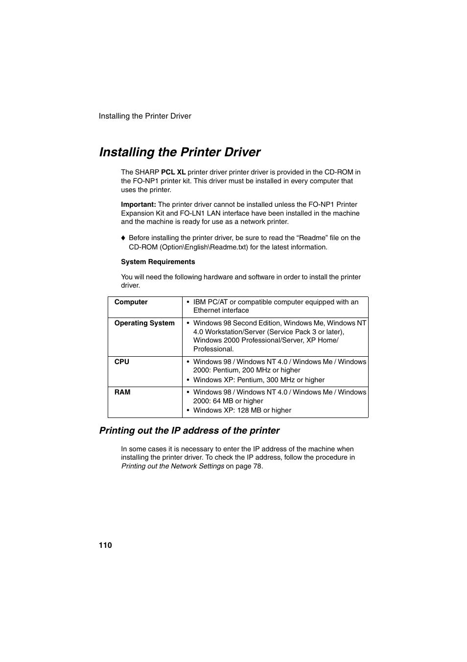 Installing the printer driver, Printing out the ip address of the printer | Sharp FO-DC500 User Manual | Page 112 / 236