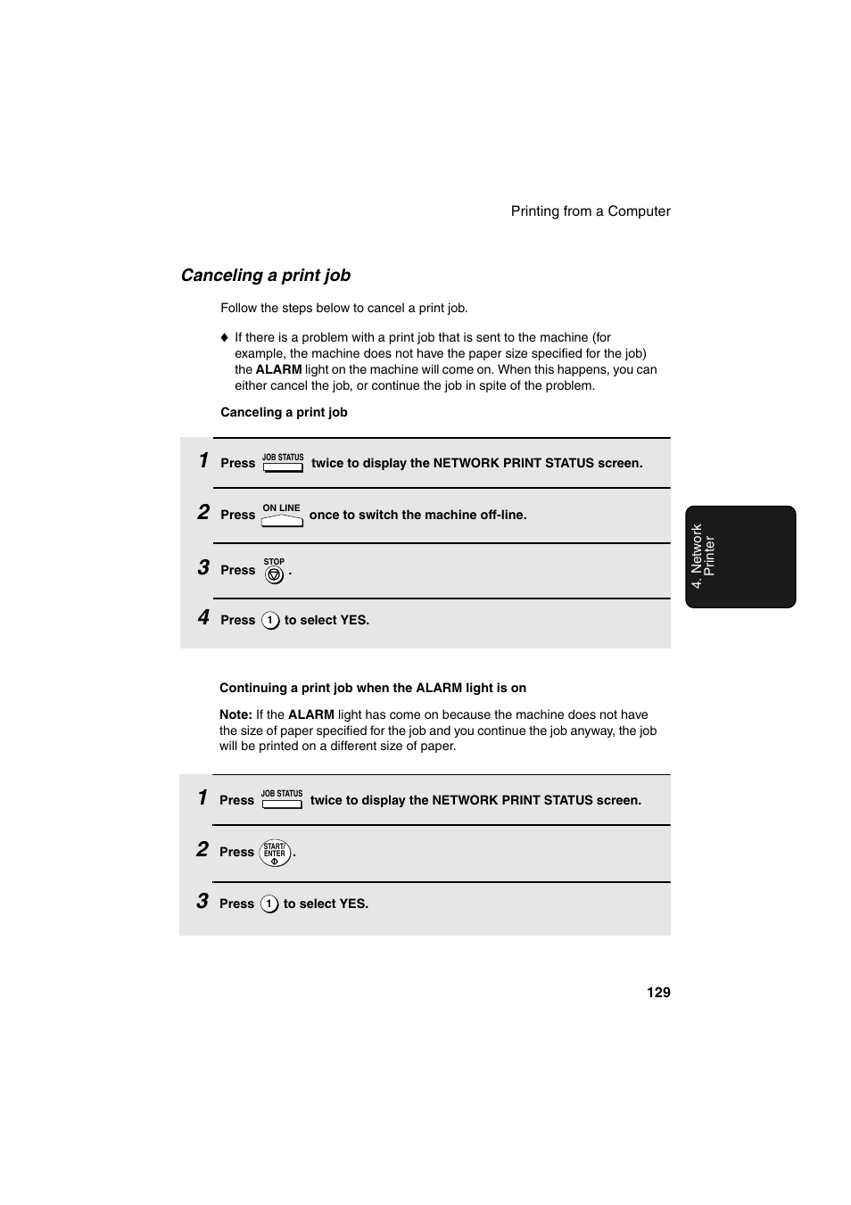 Canceling a print job | Sharp FO-DC500 User Manual | Page 131 / 236