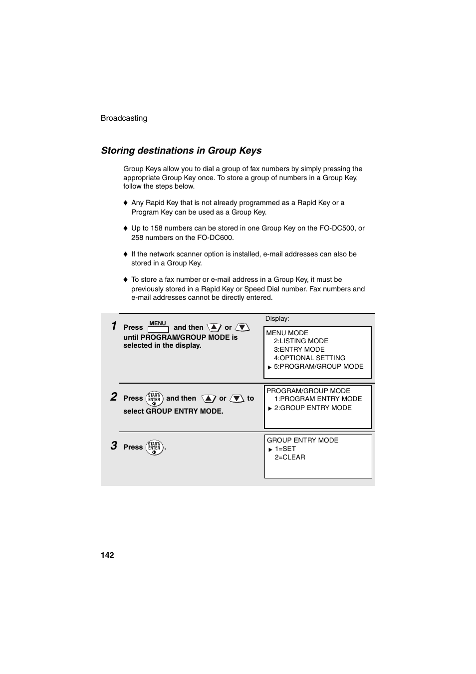 Age 142), Storing destinations in group keys | Sharp FO-DC500 User Manual | Page 144 / 236