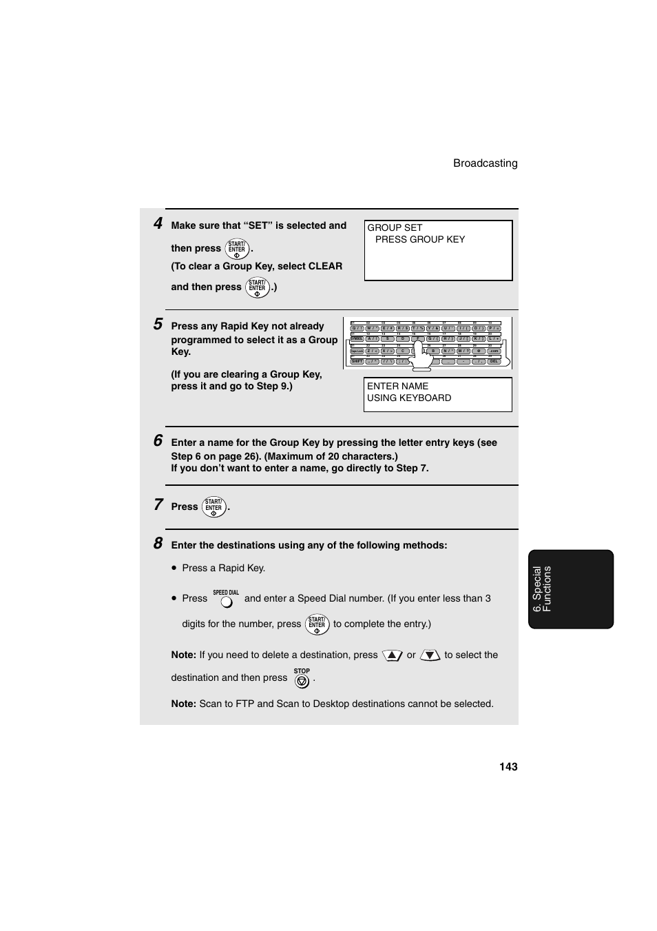 Broadcasting 143 6. special functions, Press, Press a rapid key | Enter name using keyboard, Group set press group key | Sharp FO-DC500 User Manual | Page 145 / 236