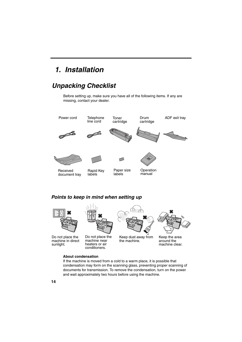 Installation, Unpacking checklist | Sharp FO-DC500 User Manual | Page 16 / 236