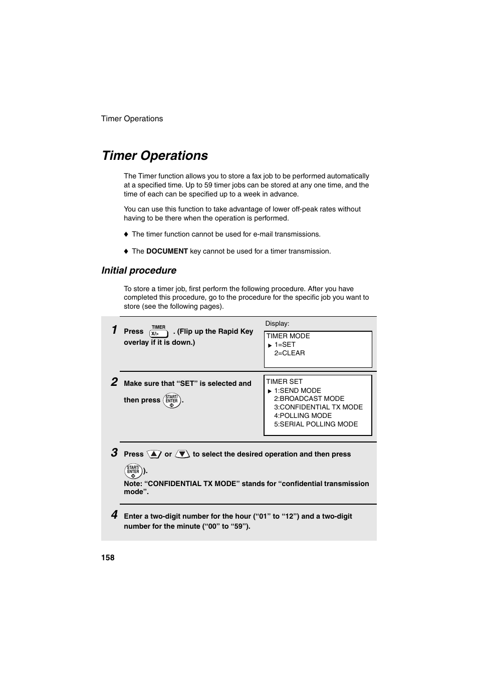 Timer operations, Initial procedure | Sharp FO-DC500 User Manual | Page 160 / 236