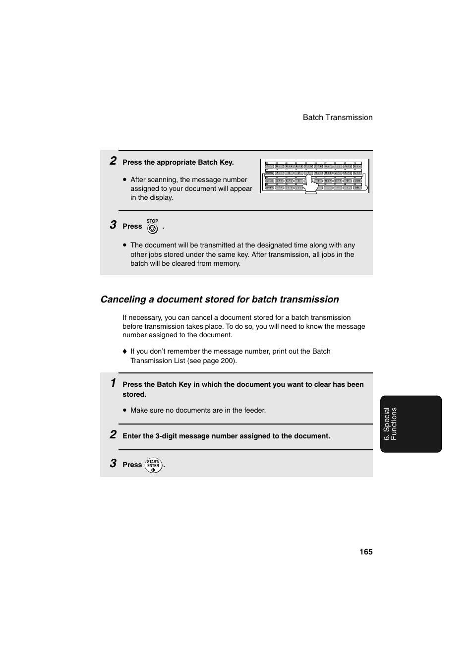Canceling a document stored for batch transmission, Batch transmission 165 6. special functions, Press the appropriate batch key | Press, Make sure no documents are in the feeder | Sharp FO-DC500 User Manual | Page 167 / 236