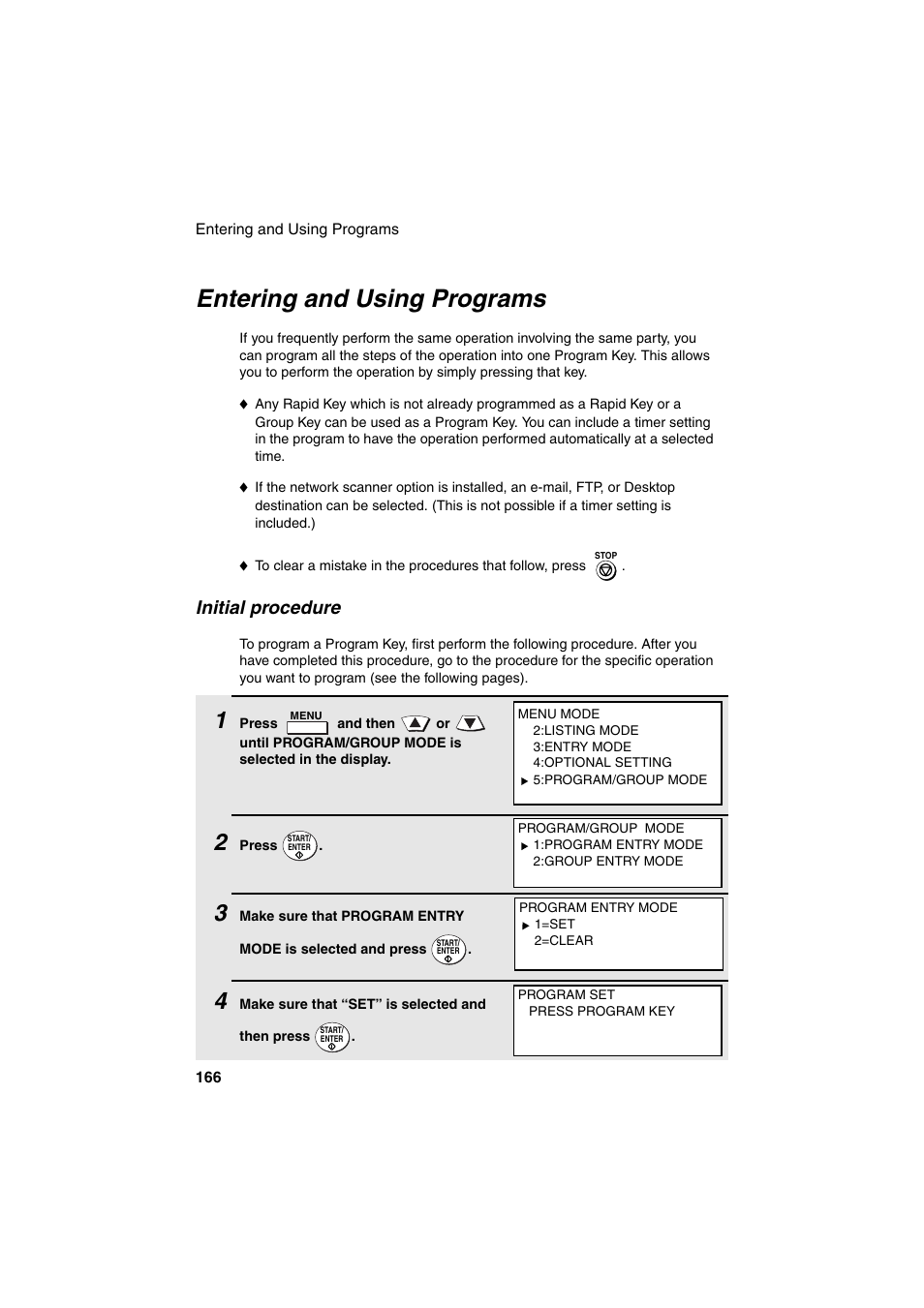 Entering and using programs, Age 166). (note: onl, Initial procedure | Sharp FO-DC500 User Manual | Page 168 / 236