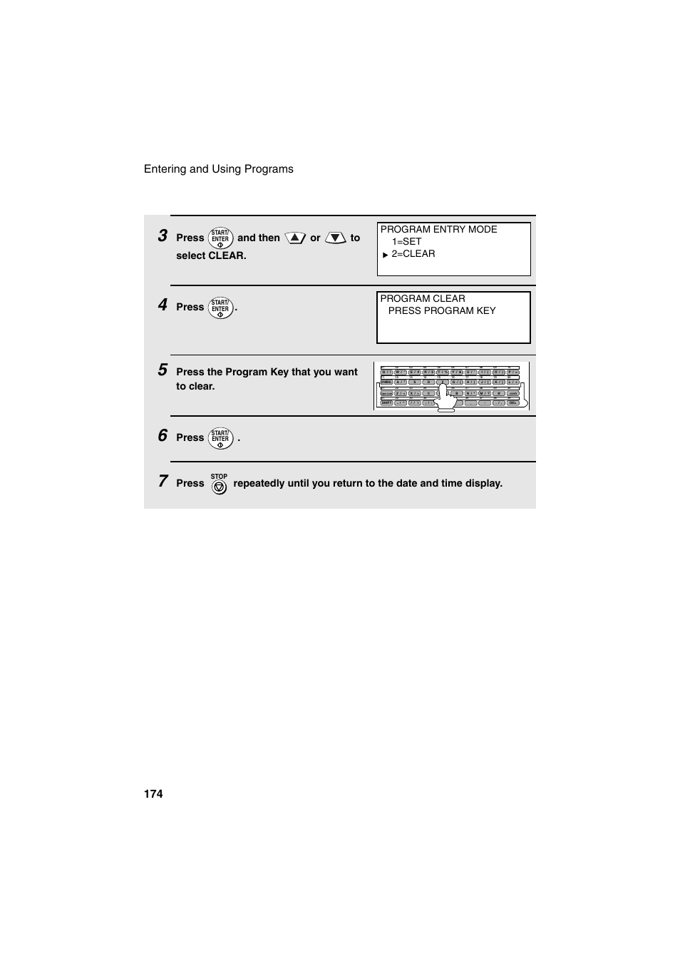 Entering and using programs 174, Press and then or to select clear, Press | Press the program key that you want to clear | Sharp FO-DC500 User Manual | Page 176 / 236