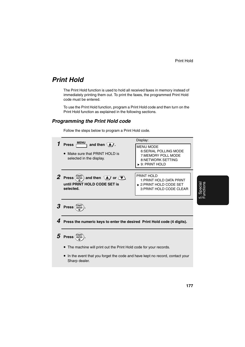 Print hold, Programming the print hold code | Sharp FO-DC500 User Manual | Page 179 / 236