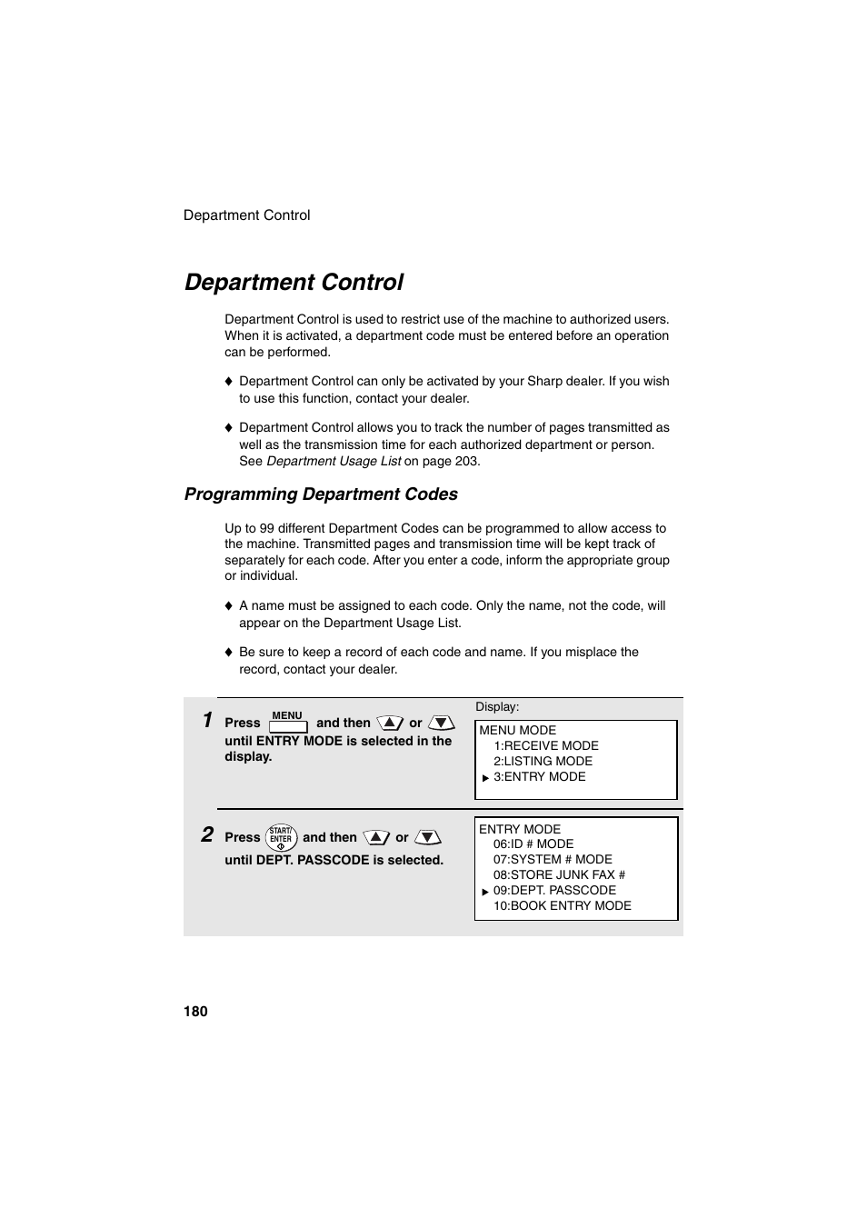 Department control, Programming department codes | Sharp FO-DC500 User Manual | Page 182 / 236