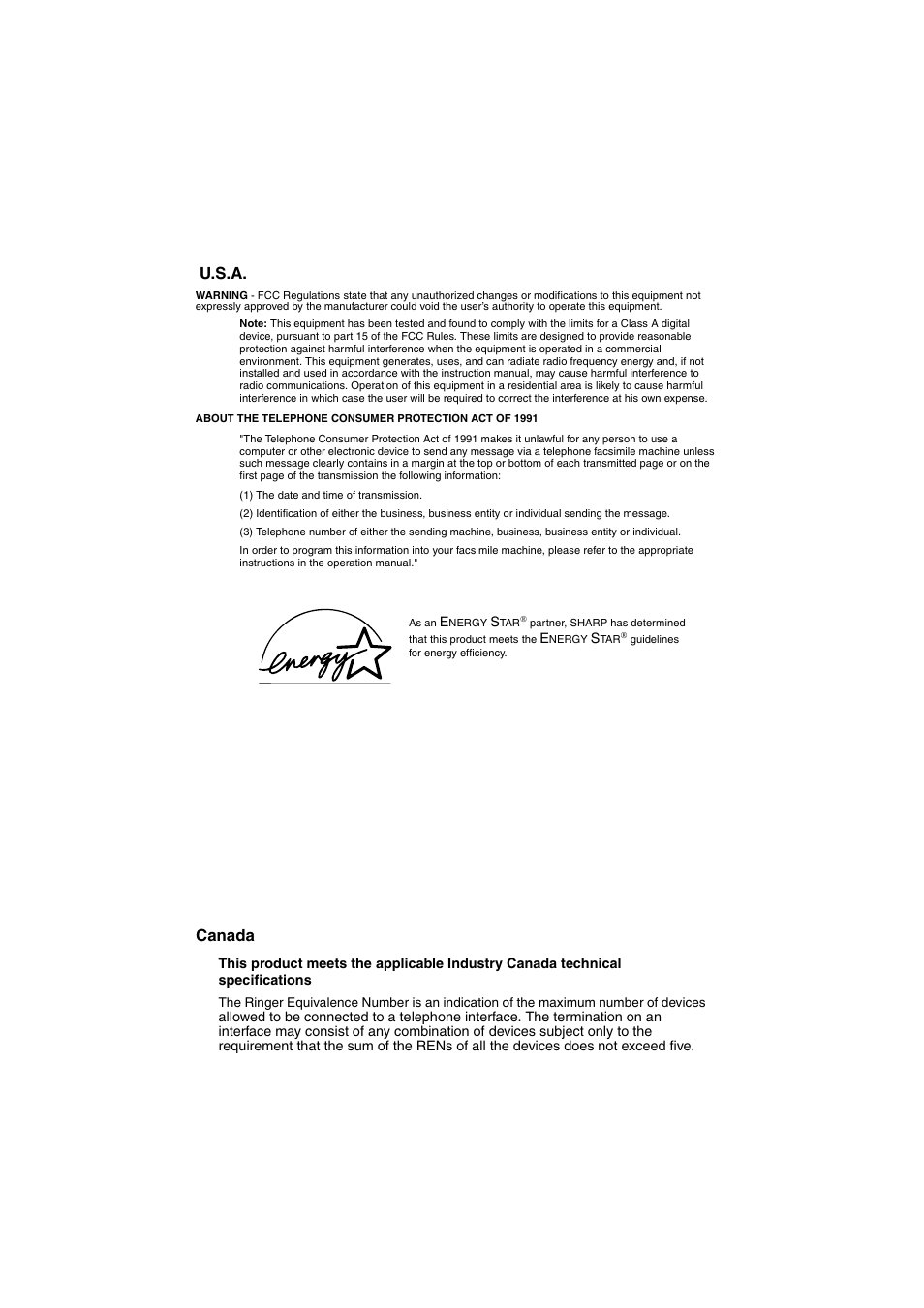 U.s.a. canada | Sharp FO-DC500 User Manual | Page 2 / 236