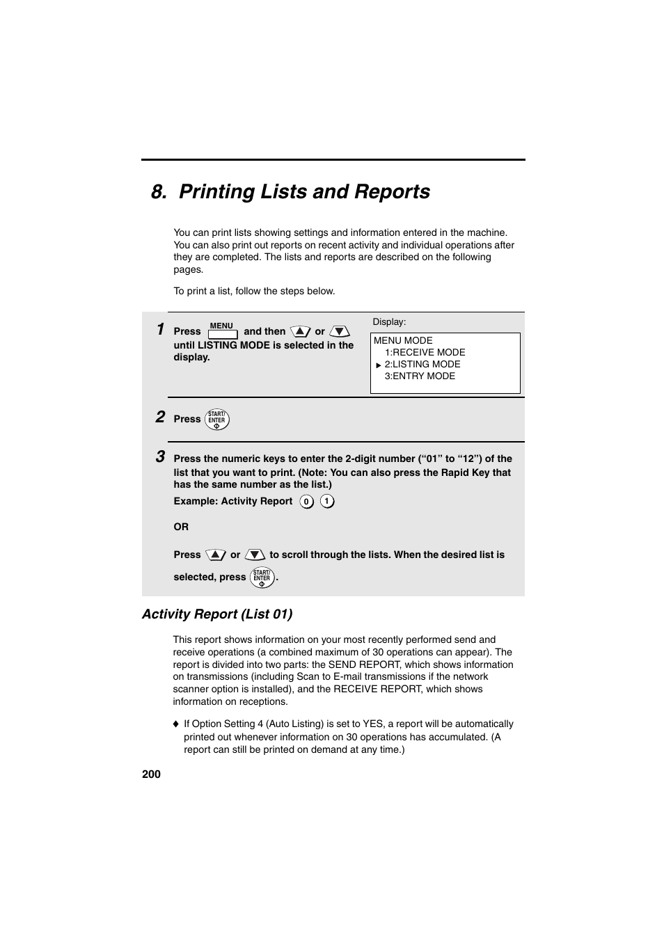 Printing lists and reports, 200). wh, Activity report (list 01) | Sharp FO-DC500 User Manual | Page 202 / 236