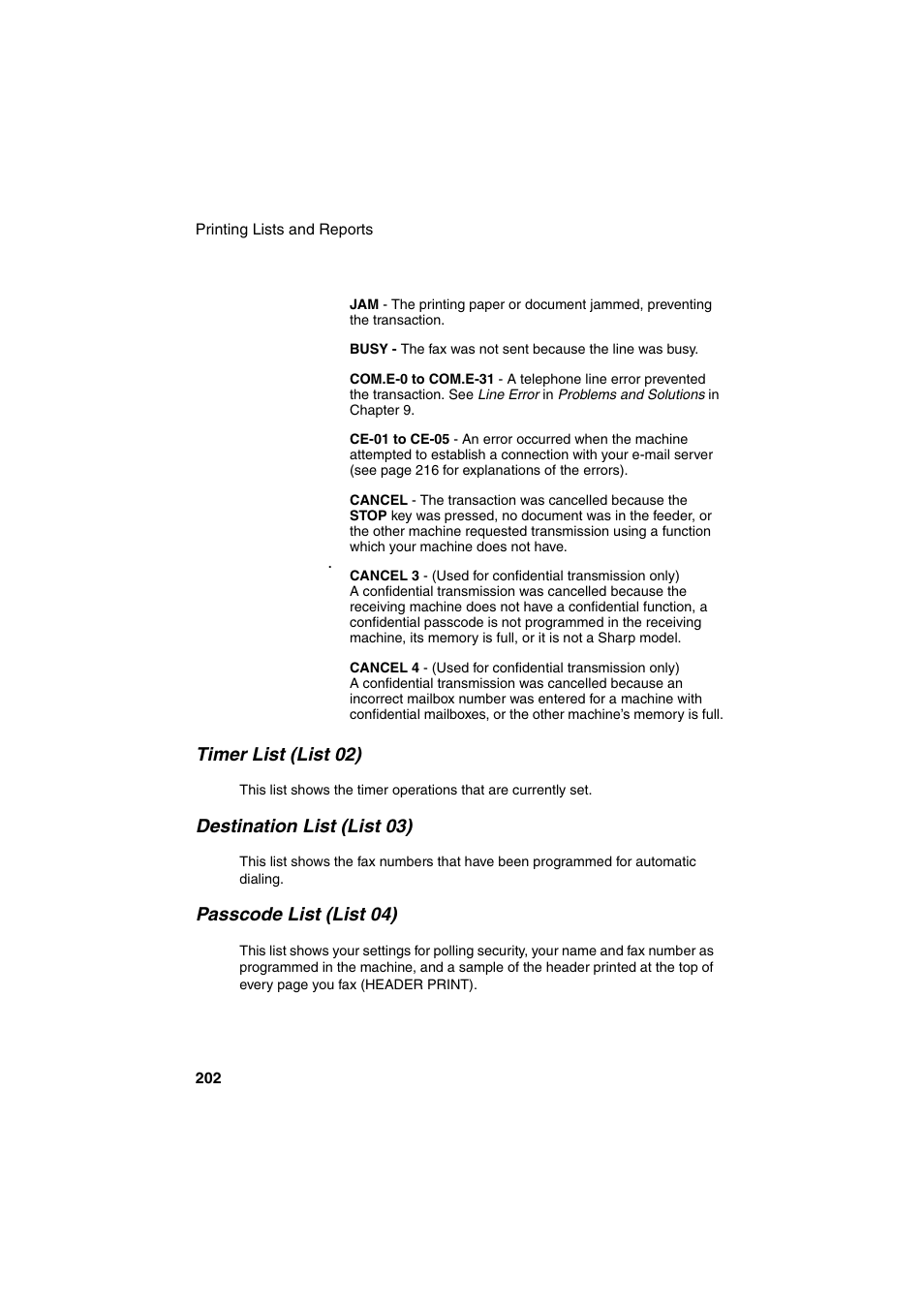 Timer list (list 02), Destination list (list 03), Passcode list (list 04) | Sharp FO-DC500 User Manual | Page 204 / 236