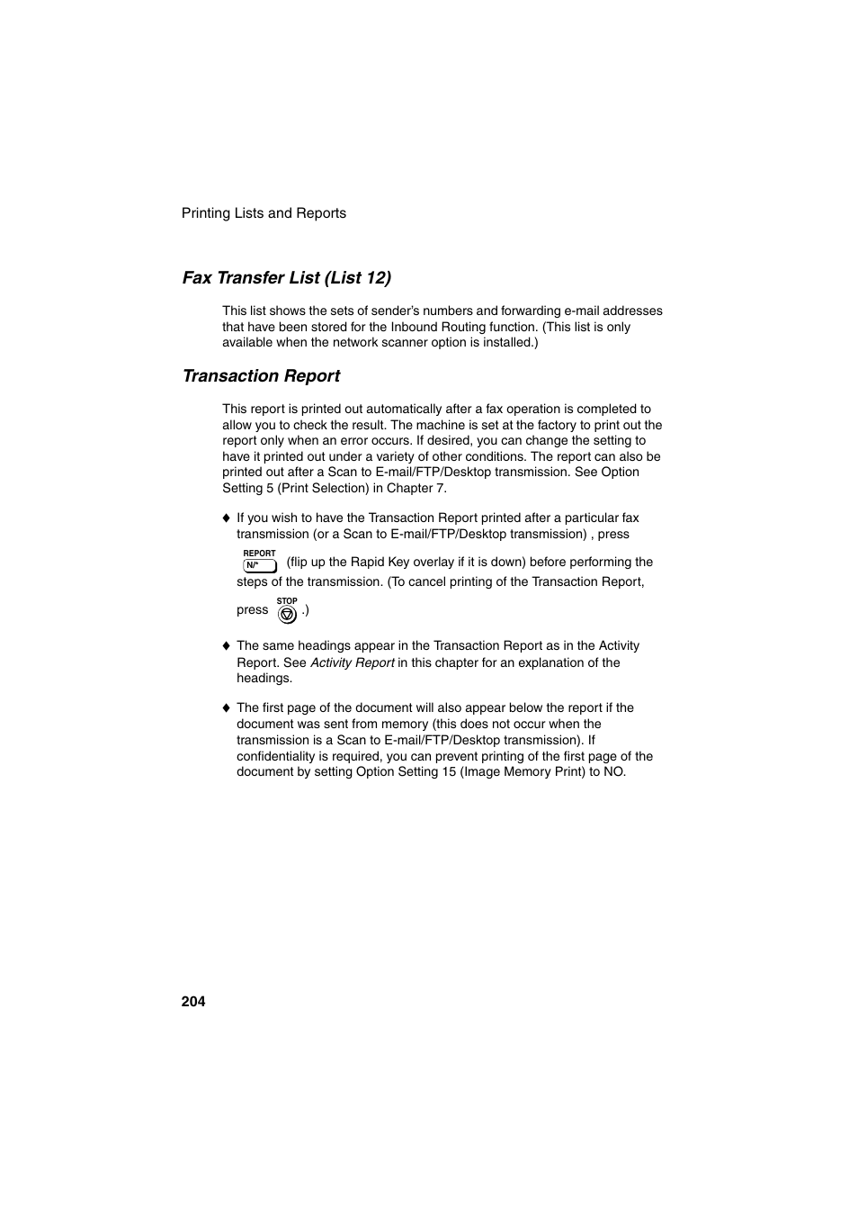 Fax transfer list (list 12), Transaction report | Sharp FO-DC500 User Manual | Page 206 / 236