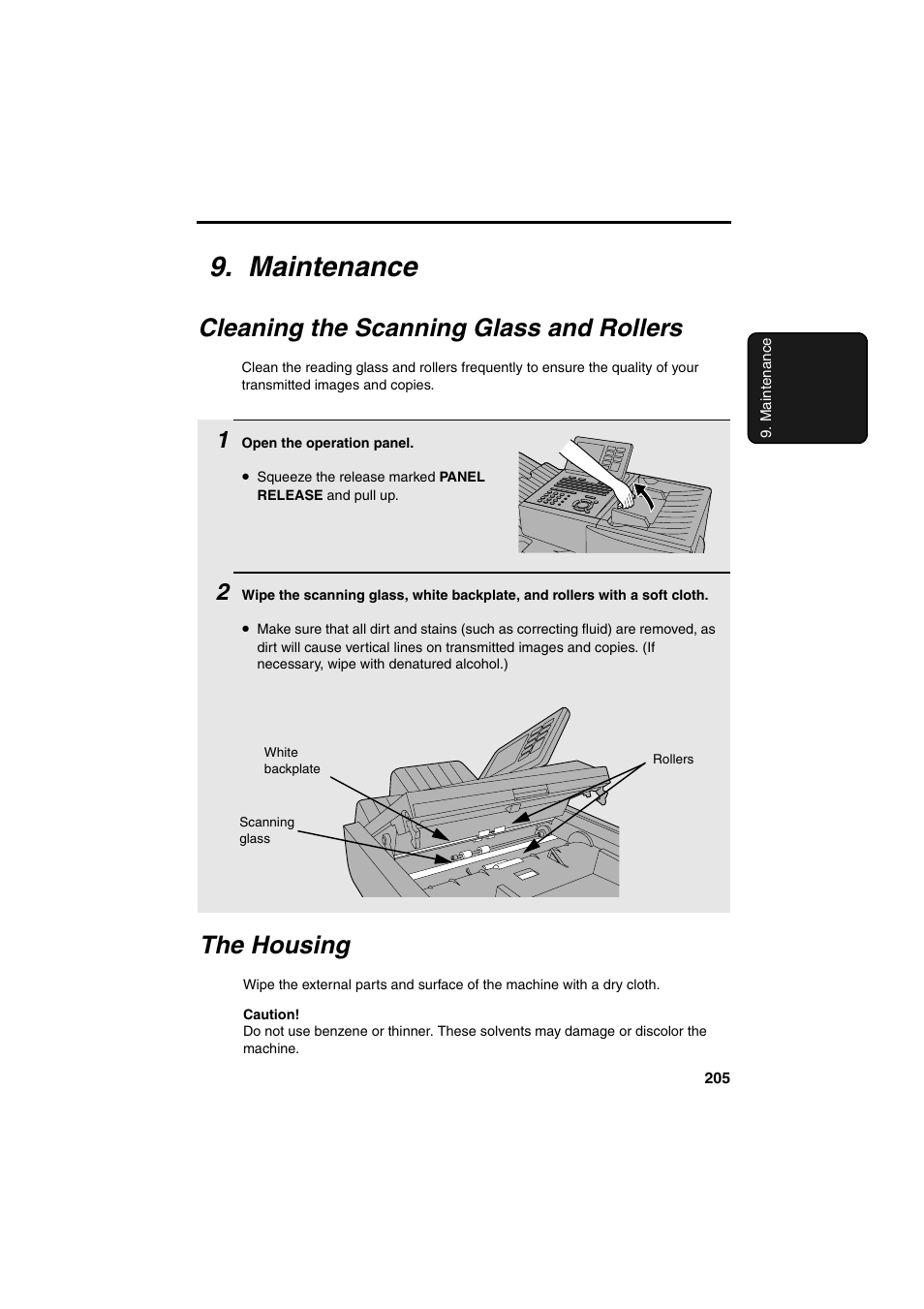 Maintenance, Cleaning the scanning glass and rollers, The housing | Sharp FO-DC500 User Manual | Page 207 / 236