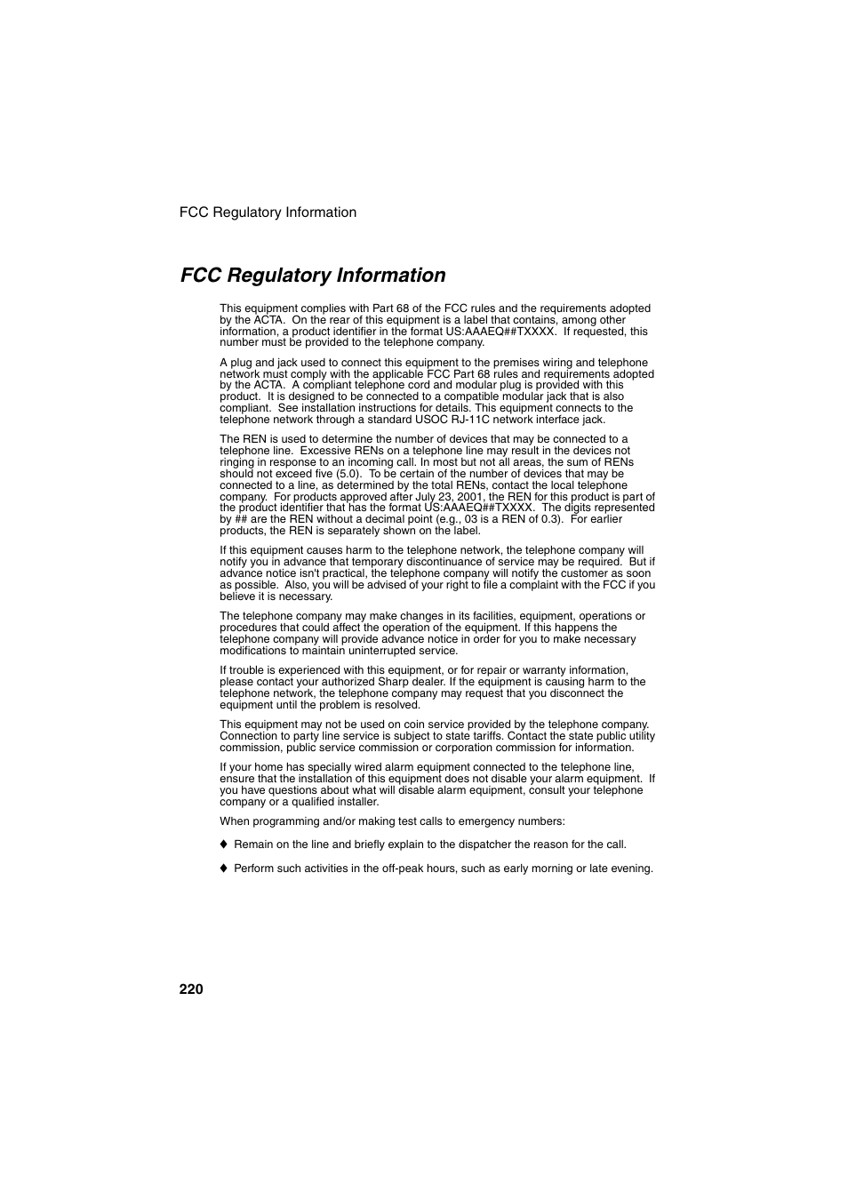 Fcc regulatory information | Sharp FO-DC500 User Manual | Page 222 / 236