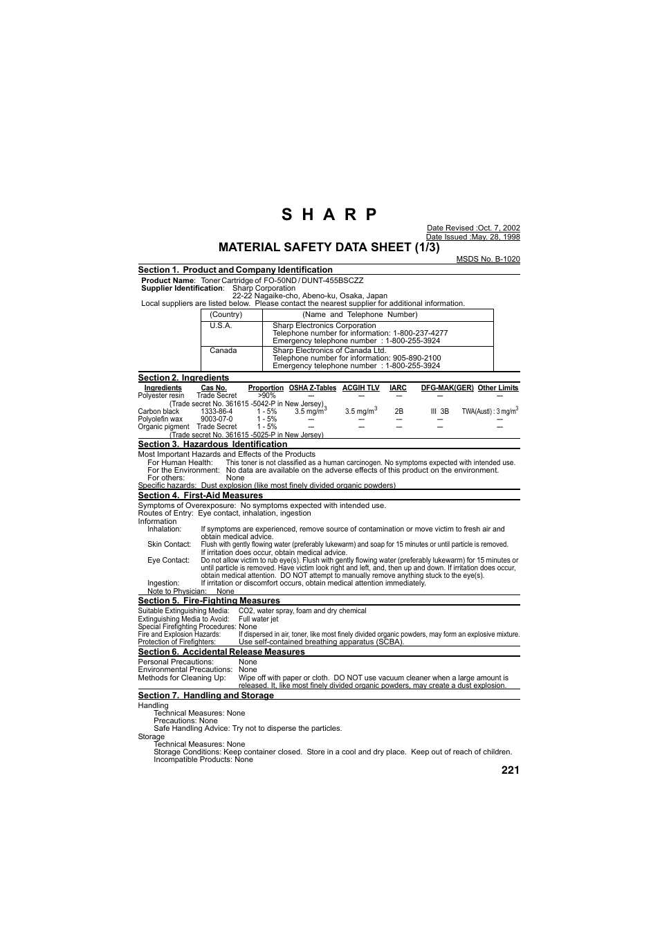 Material safety data sheet (1/3) | Sharp FO-DC500 User Manual | Page 223 / 236