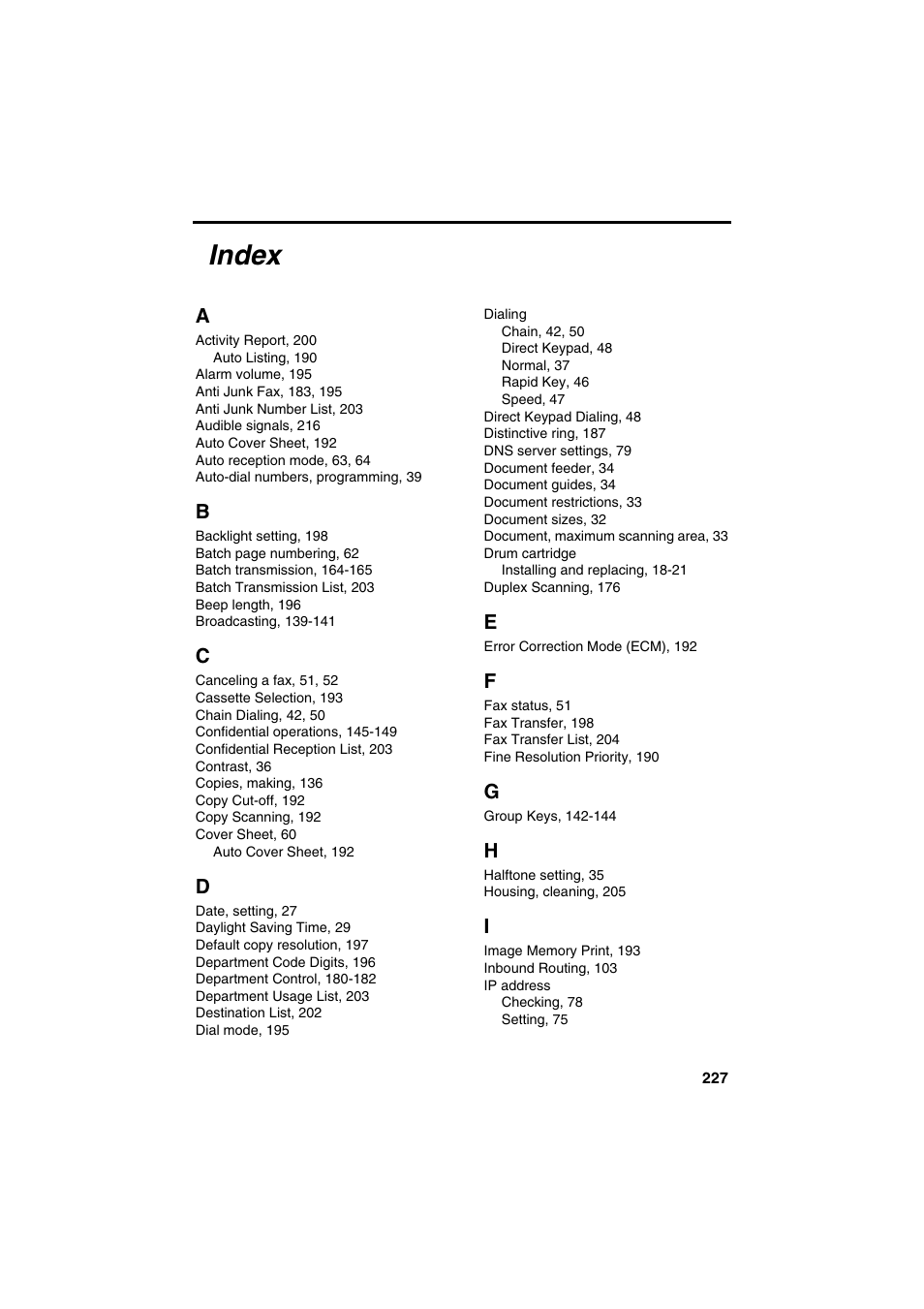 Index | Sharp FO-DC500 User Manual | Page 229 / 236