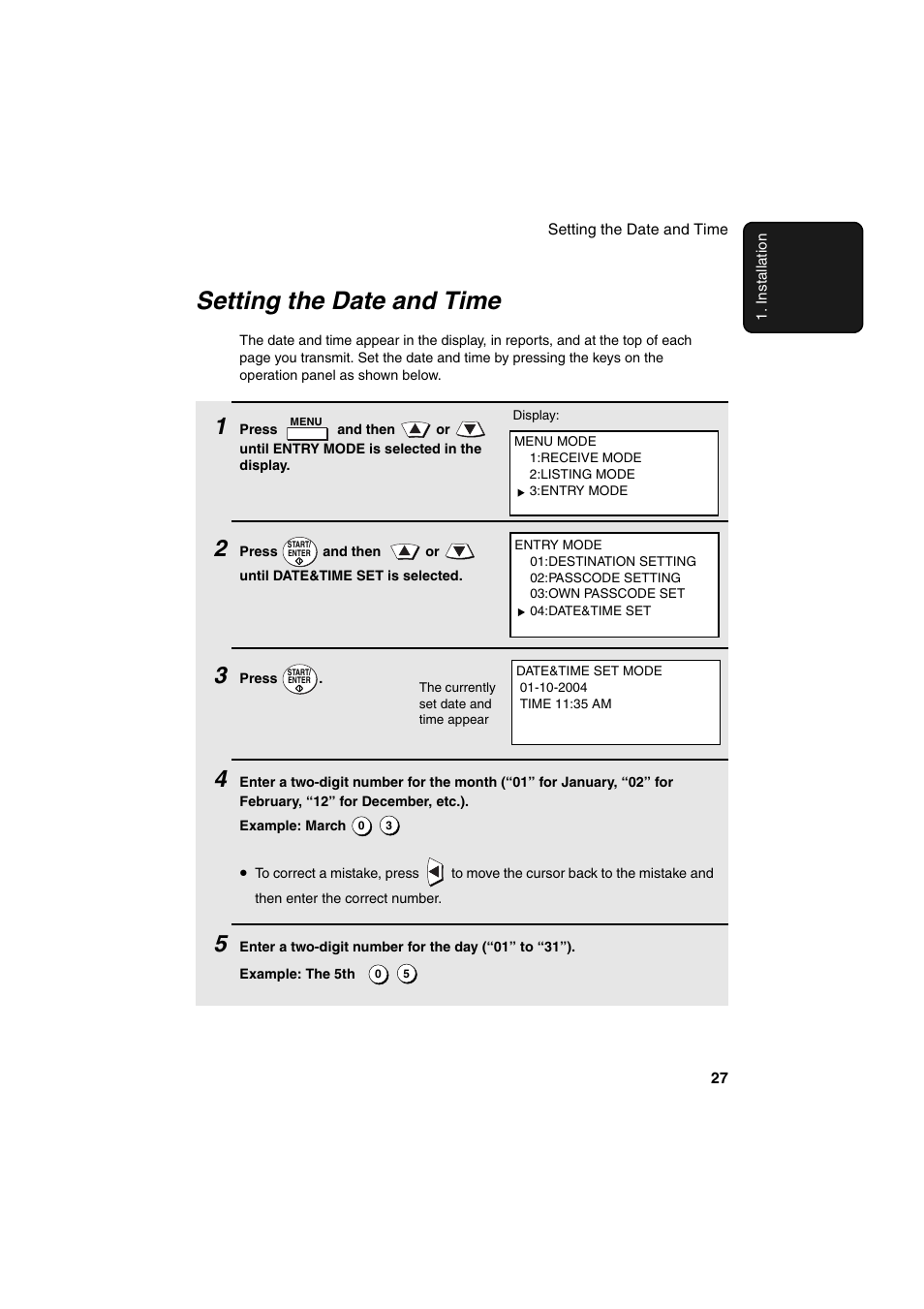 Setting the date and time | Sharp FO-DC500 User Manual | Page 29 / 236