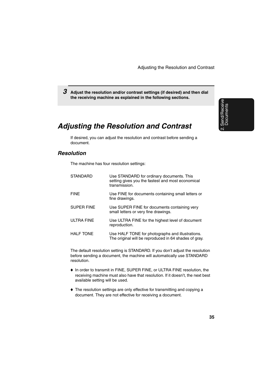Adjusting the resolution and contrast, Resolution | Sharp FO-DC500 User Manual | Page 37 / 236