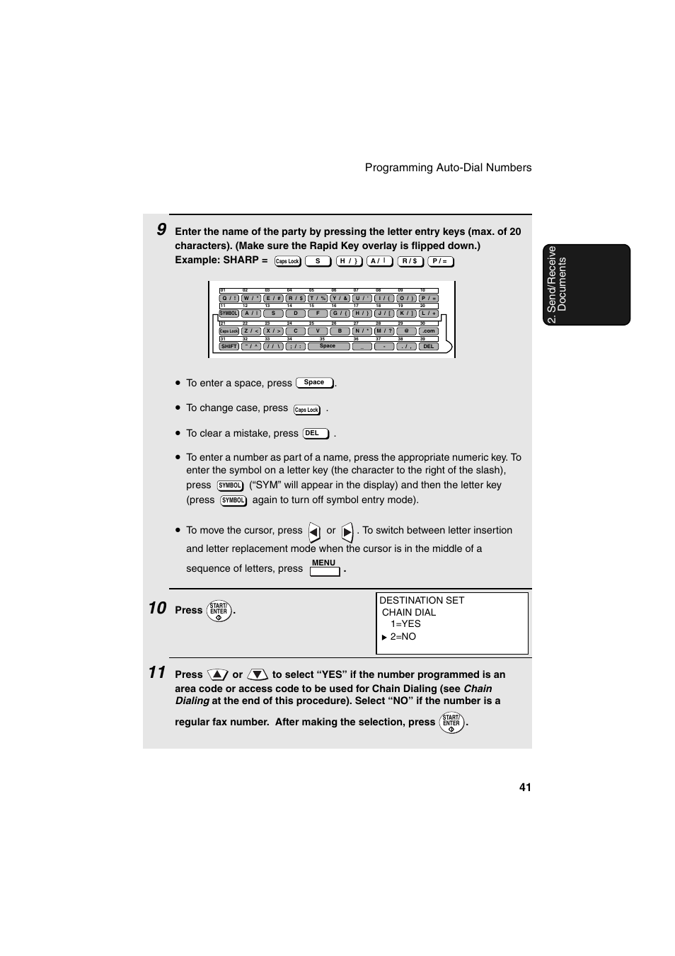 Press, Destination set chain dial 1=yes 2=no | Sharp FO-DC500 User Manual | Page 43 / 236