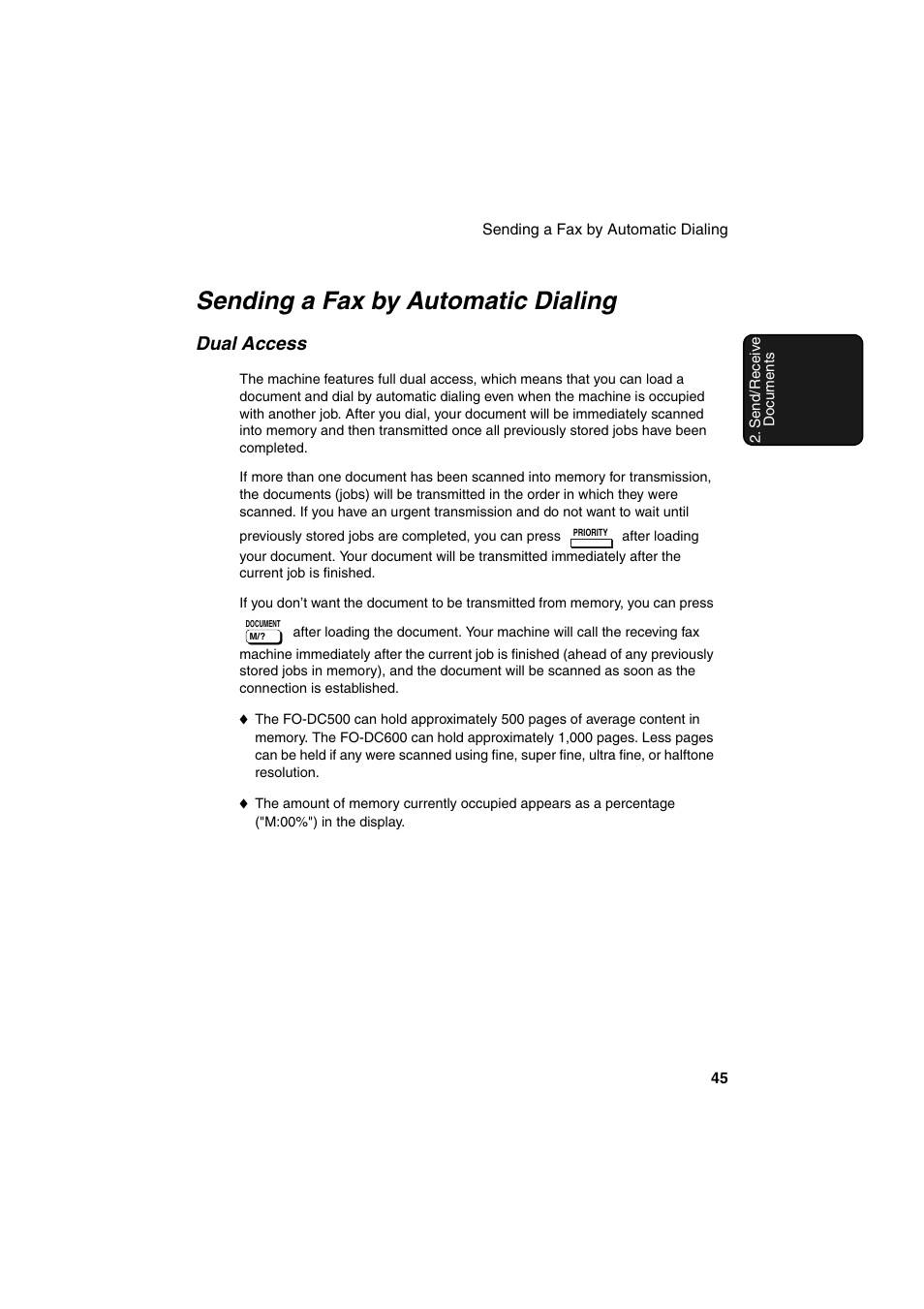 Sending a fax by automatic dialing, Dual access | Sharp FO-DC500 User Manual | Page 47 / 236